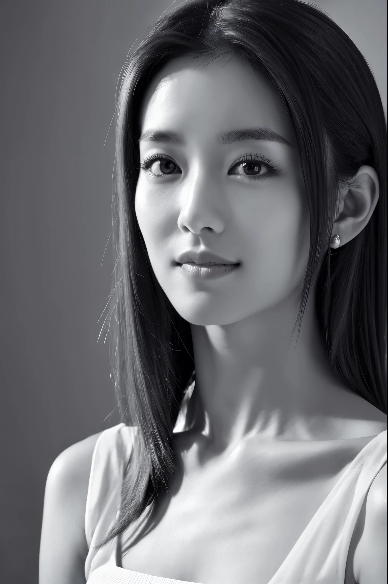 Masterpiece, Best Quality, Photorealsitic, Ultra-detailed, finely detail, high resolution, 8k wallpaper, Professional, high level of detail, ((monochrome photo)), 1girl in, Skinny Japanese woman, ((Facing the front)), ((Only lips are in Red)), Detailed clavicle, face perfect, straight hair, (look straight at a camera)