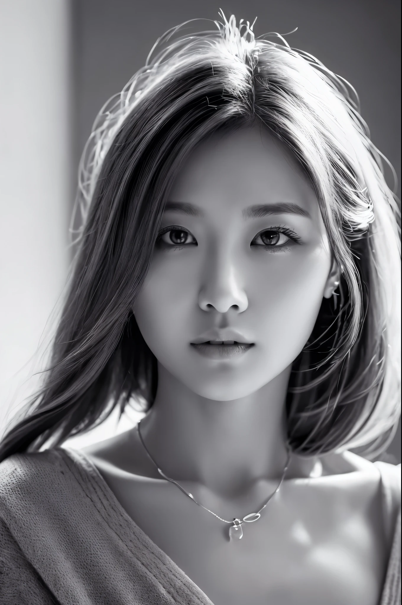 Masterpiece, Best Quality, Photorealsitic, Ultra-detailed, finely detail, high resolution, 8k wallpaper, Professional, high level of detail, ((monochrome photo)), 1girl in, Skinny Japanese woman, ((Facing the front)), ((Only lips are in Red)), Detailed clavicle, face perfect, straight hair, (look straight at a camera)