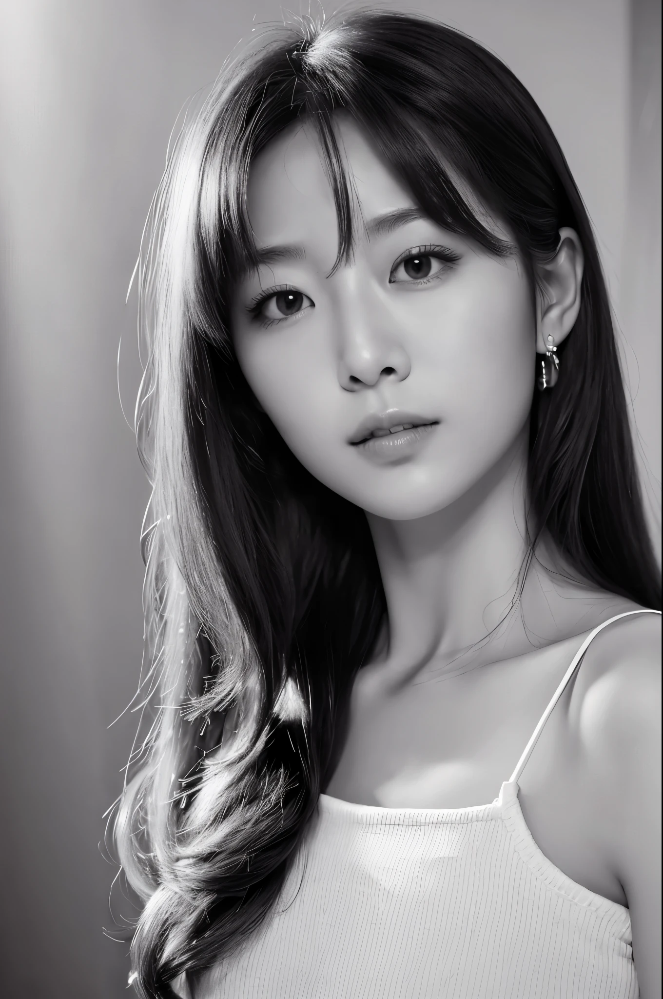 Masterpiece, Best Quality, Photorealsitic, Ultra-detailed, finely detail, high resolution, 8k wallpaper, Professional, high level of detail, ((monochrome photo)), 1girl in, Skinny Japanese woman, ((Facing the front)), ((Only lips are in Red)), Detailed clavicle, face perfect, straight hair, (look straight at a camera)