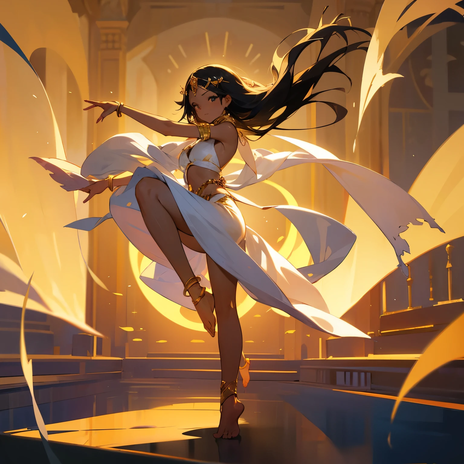 harem、Young girl dancing wearing a white bikini、long black hair、wheat-colored skin、barefoot、circlet、anklet、bracelet、palace、lots of western lights、scarf、