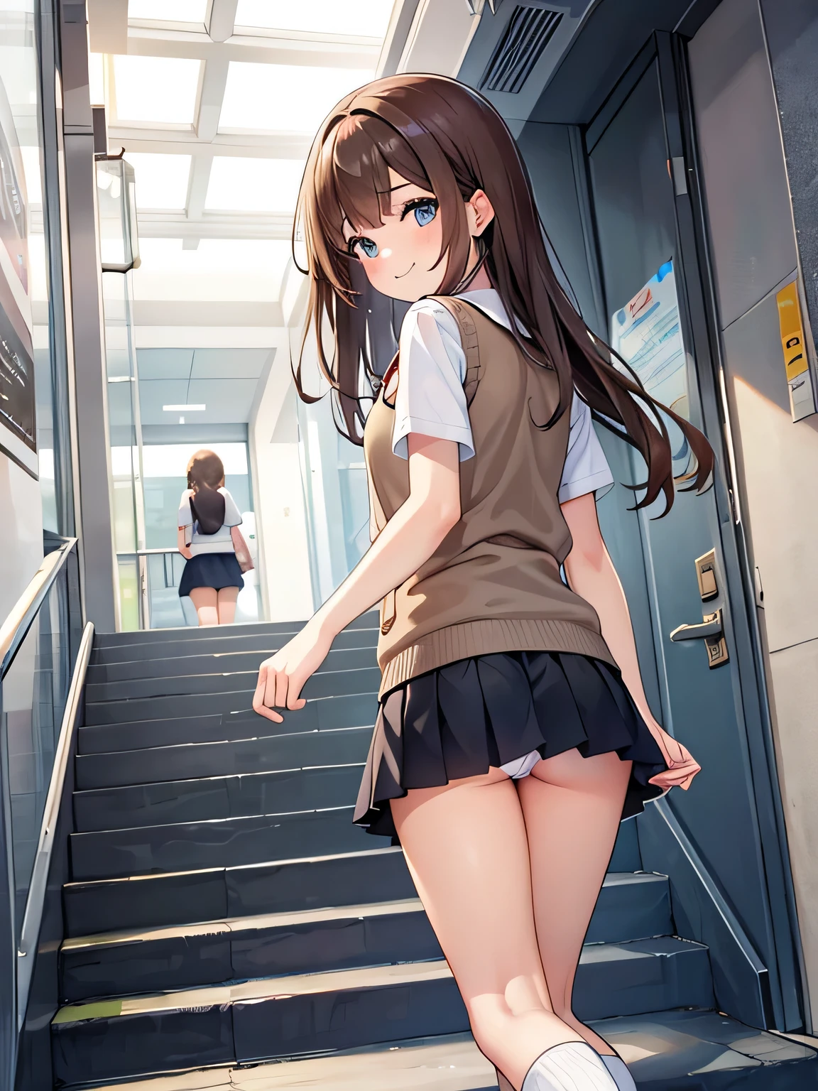 (1) Peeking at the panties from under the back of a girl climbing the stairs.
(2) her skirt is too short、You can almost see my white pants.
(3) knit vest and miniskirt、Wearing a uniform with loose socks.
(4) her hair is long brown.
(5) she looks back and smiles.
(6) The location is the stairs of the station.