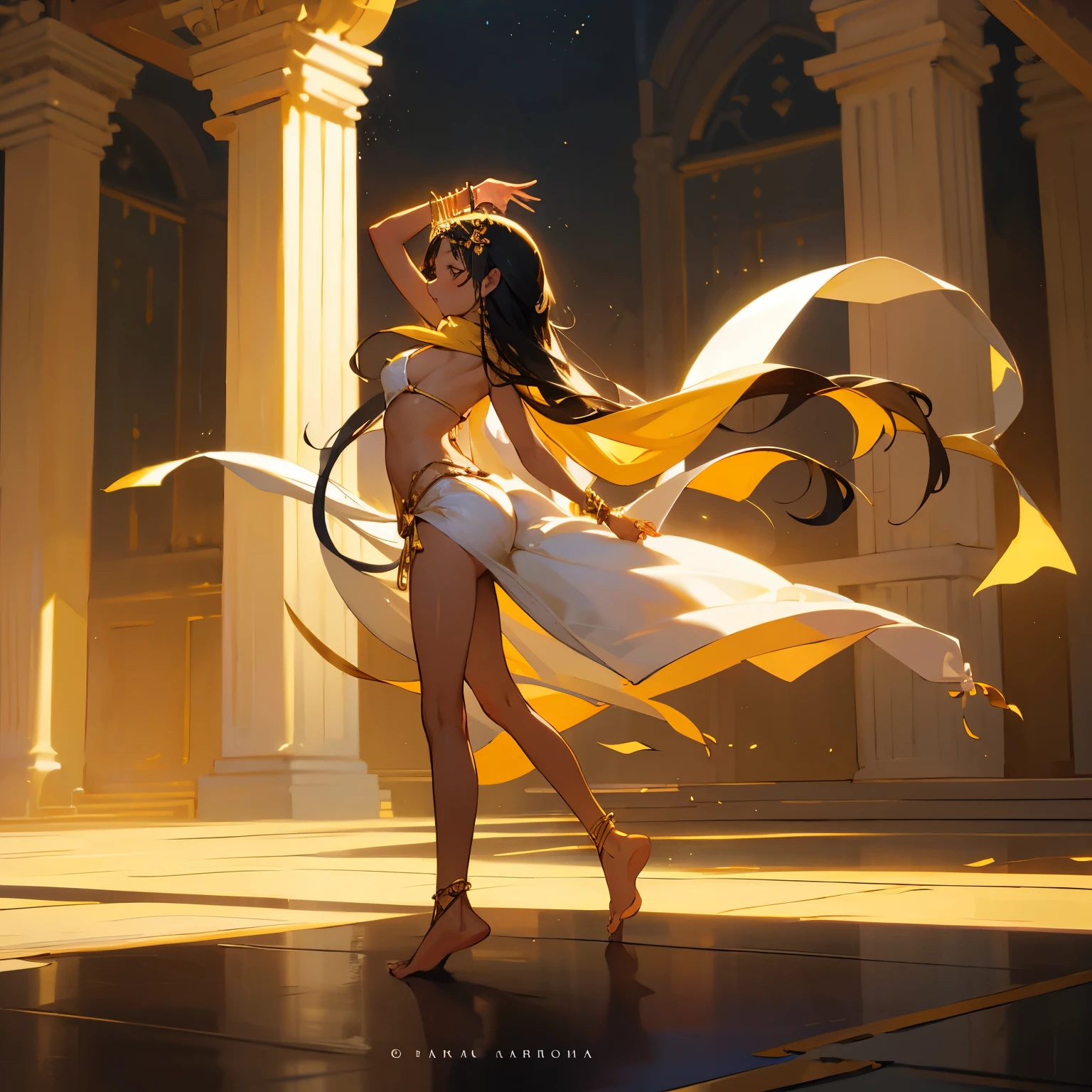 harem、Young girl dancing wearing a white bikini、long black hair、wheat-colored skin、barefoot、circlet、anklet、bracelet、palace、lots of western lights、scarf、