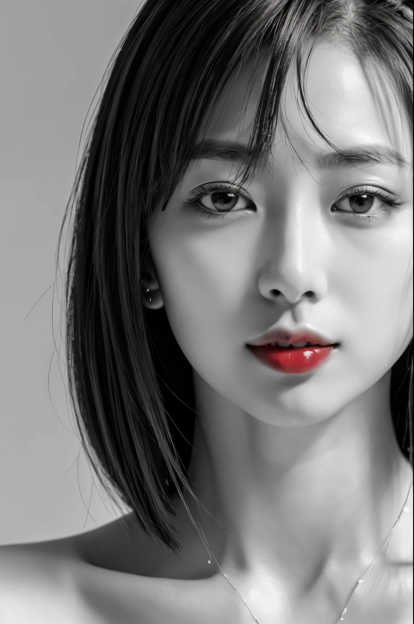 Masterpiece, Best Quality, Photorealsitic, Ultra-detailed, finely detail, high resolution, 8k wallpaper, Professional, high level of detail, ((monochrome photo)), 1girl in, Skinny Japanese woman, ((Facing the front)), ((Only lips are in Red)), Detailed clavicle, face perfect, straight hair, (look straight at a camera)