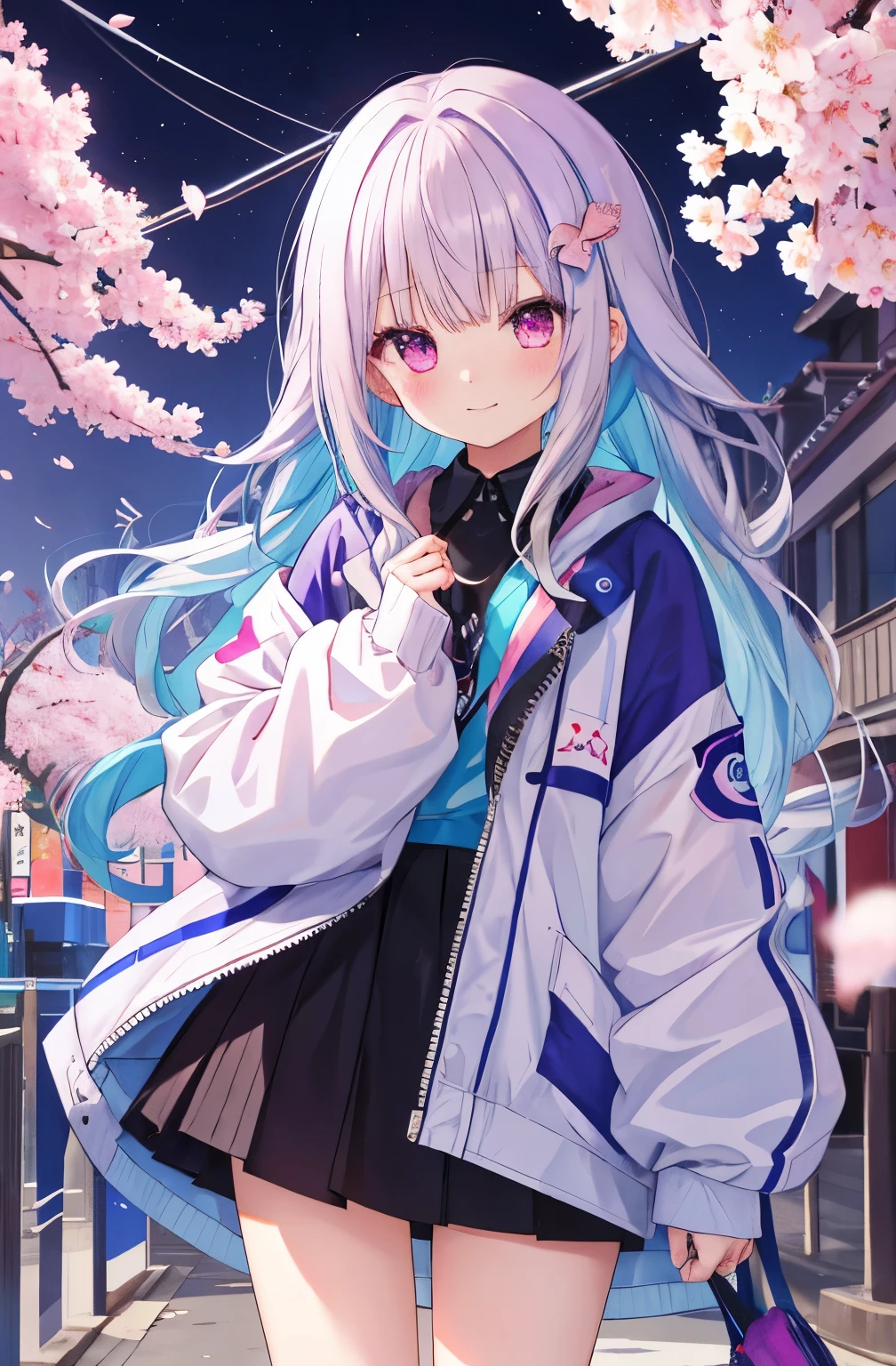 one girl with long hair, gray hair, (blue inner hair:1.25) , purple eyes, looking at the viewer, blush, embarrassing, small smile, (embarrassing:1.2), 、oversize jacket、Cherry blossoms at night, hot pants、Near the future、neon、balls of light、