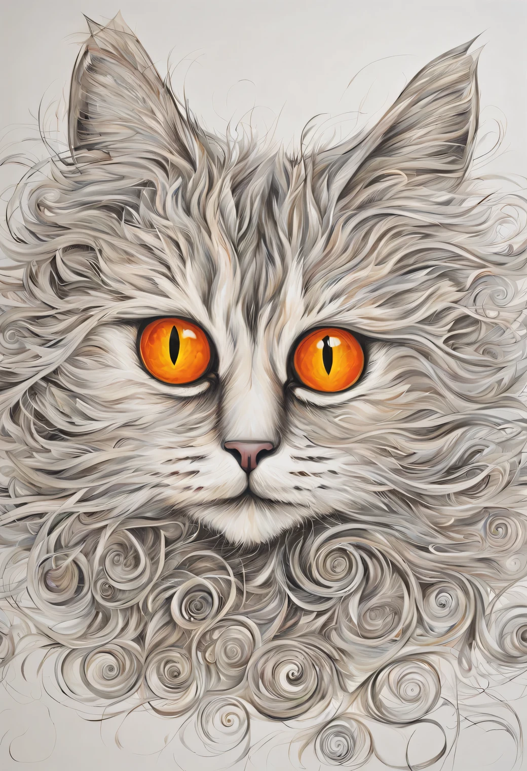 Spiral art, spiral pattern, portrait of a fluffy cat made of various thin spirals, Orange eyes