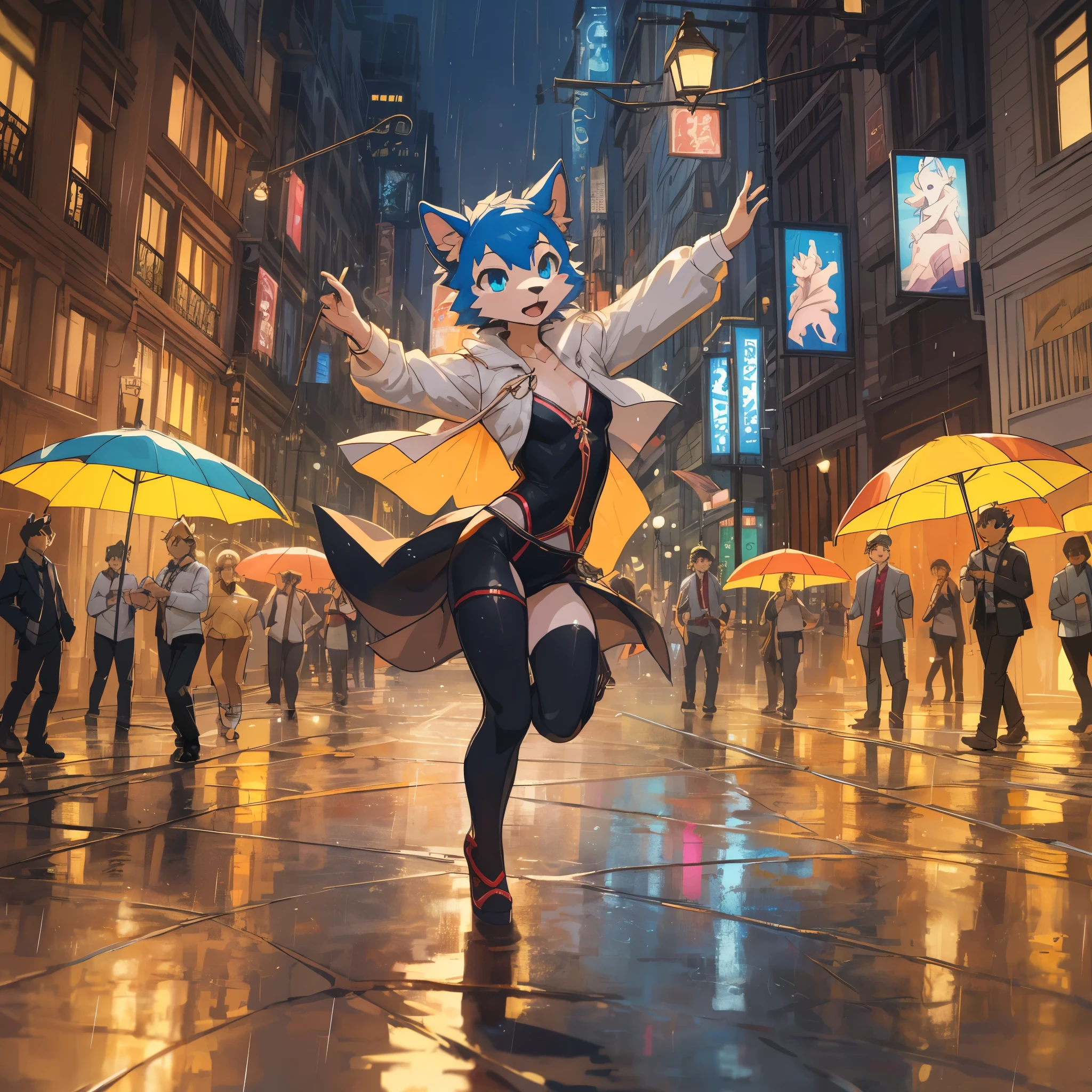 top quality, best quality, High-quality illustrations, masterpiece, super high resolution, detailed background, ballet, Singin' in the Rain, show, 6+boys, 6+girls, absurdres(highly detailed beautiful face and eyes)perfect anatomy, expression, good lighting, cinematic shadow(kemono, furry anthro)assorted poses(sound effects, motion blur),