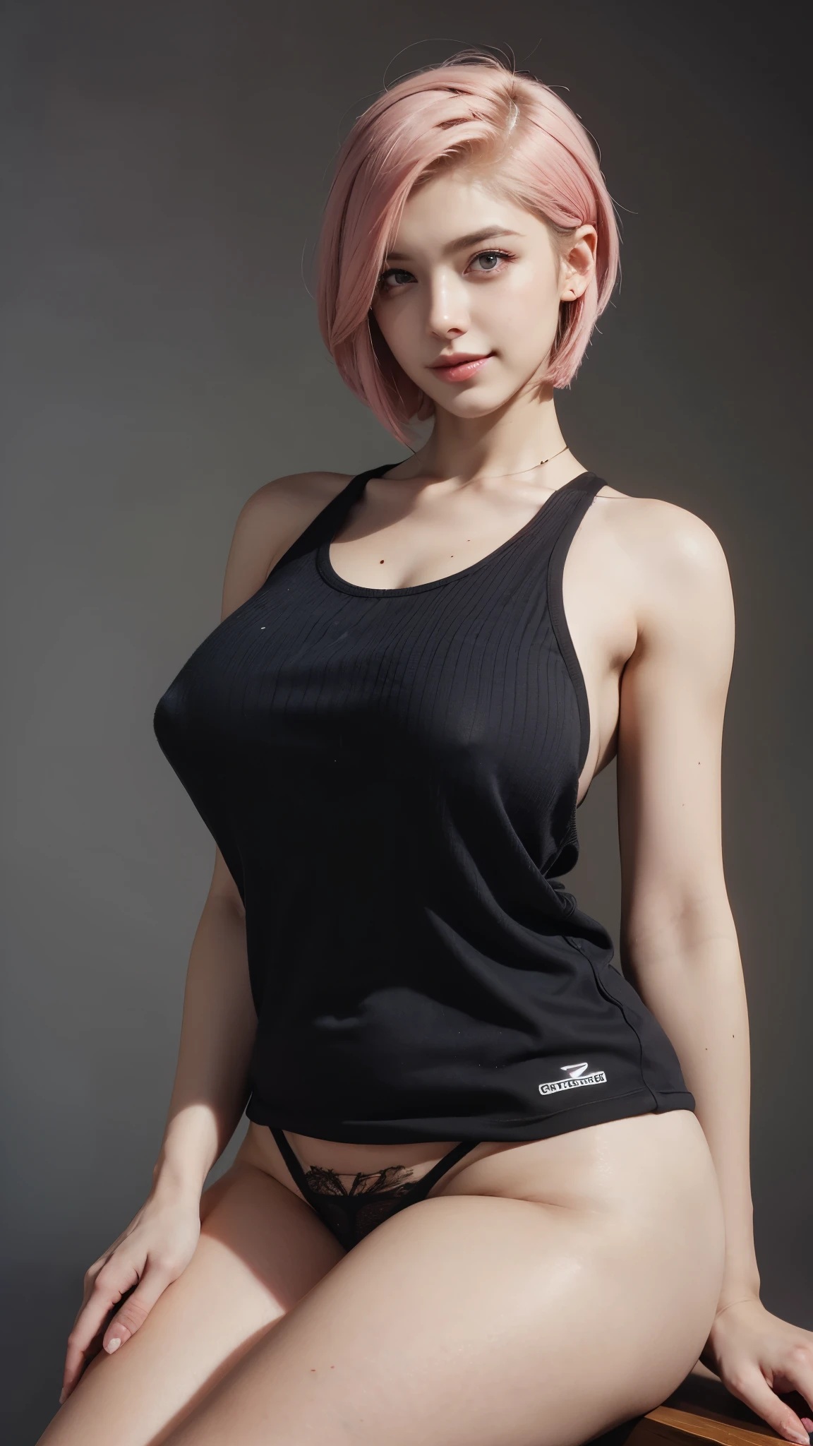 high quality,8K,high resolution,woman,1 personality,tall,realistic texture,Muchimuchi,cute smile,muscular body,whole body,pink hair,(),(Panty stocking),(tank top),short hair,,,,