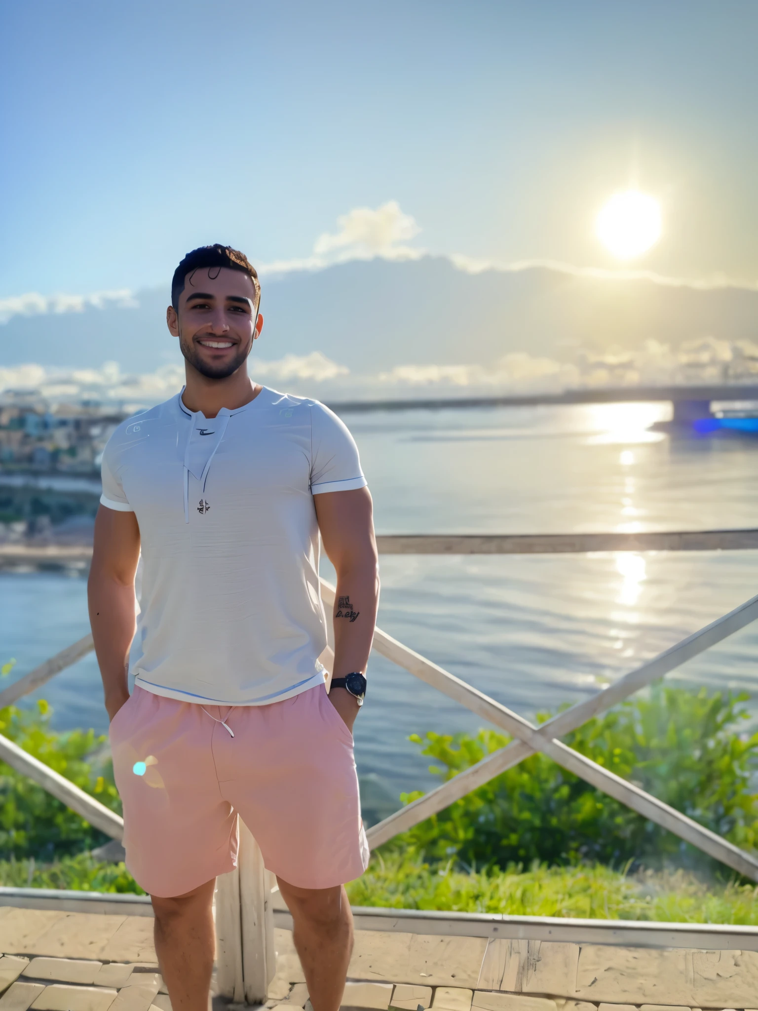 MOROCCAN YOUNG MAN pixarstyle un portrait à hauteur de taille d'Isaac Oscar dans un t-shirt blanc, sourire, texture naturelle de la peau, textures 4k, HDR, complexe, très détaillé, netteté, visuel cinématographique, Casquette hyper détaillée à la salle de sport