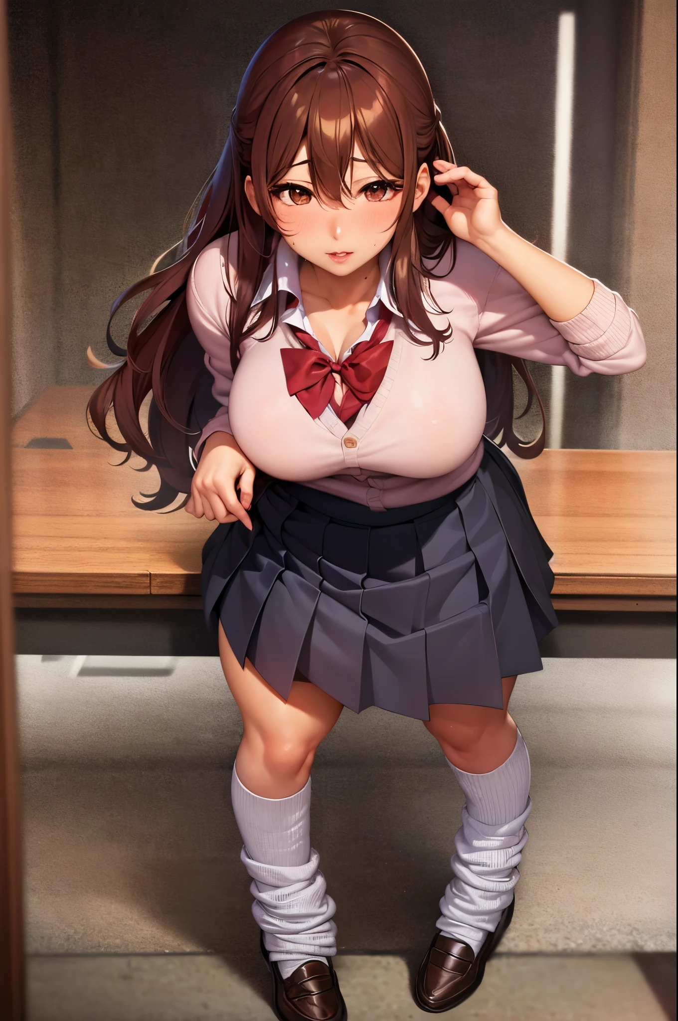 seductive anime girl, [ 4 k digital art ]!!,ultra realistic picture, overdetailed art, 8k high quality detailed art,curvy tanned gyaru,(tareme,thick lips:1.2),dress shirt,cardigan,school uniform,sidetail,pleated skirt,brown loafers,brown wavy hair,(tanned skin:1.3),dark skin,loose socks,sweaty,close up,standing,in classroom,(aroused:1.2),