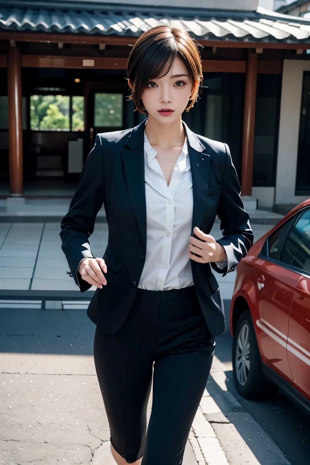highest quality, masterpiece, ultra high resolution, (realistic: 1.4), RAW photo, 1 girl, alone, running, short hair, woman, business suit, thin, 25 years old, Japanese