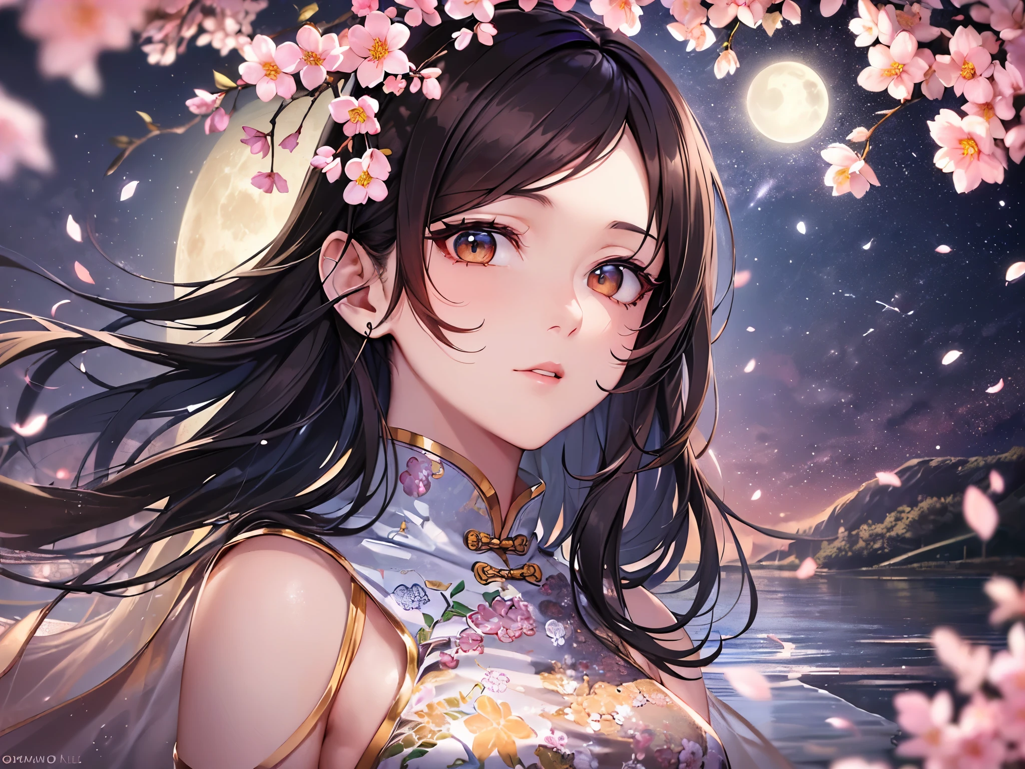 ((highest quality)),(ultra high resolution),(Super detailed),(detailed description),((best CG)),(best work of art),super precision art,great drawing art,(Art with precise details:1.5), (1 woman:1.8),(beautiful and well-shaped face:1.5),Eyes that hide sadness:1.5,light makeup:1.6,(A Chinese dress embroidered with intricately detailed flowers.:1.6,deep slit:1.5),(beautiful:1.6),(Precise and detailed cherry blossom hair ornament:1.4), (The sky reflected on the water surface:1.8),(look up at the moon:1.5)