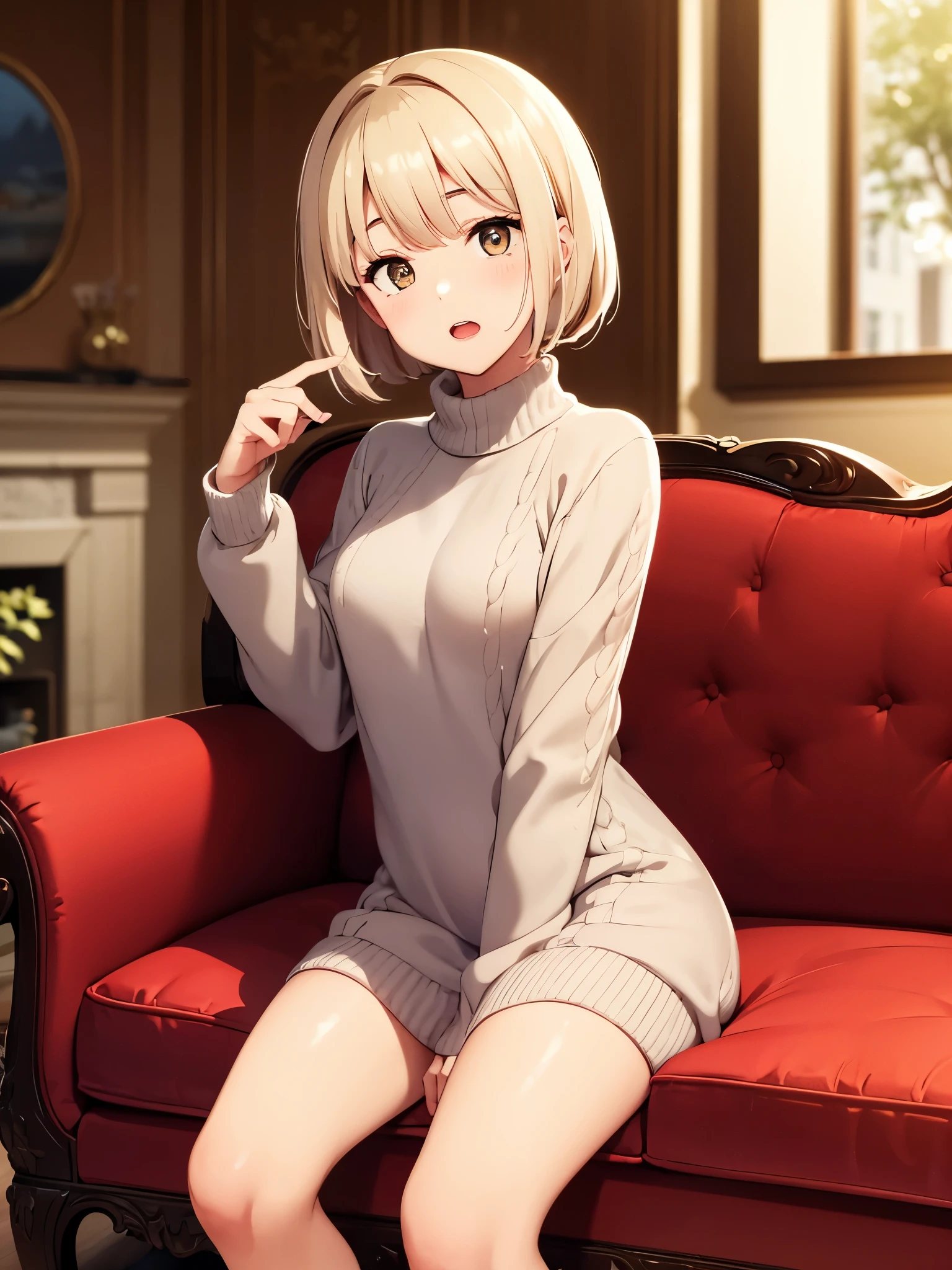 1girl, Golden hour lighting, Sweater dress, (idol), (Charming), (platinum short hair: 0.8), ((Puffy eyes)), open mouth,Middle chest, ( sit on sofa:1.3)