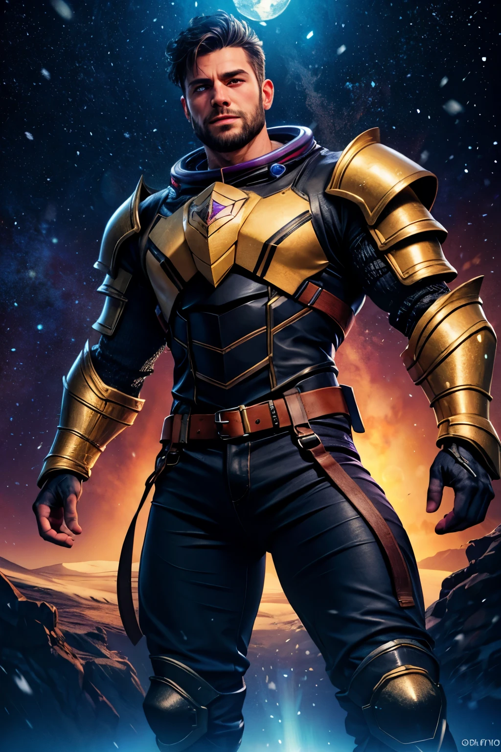 ((best quality)), ((masterpiece)), (detailed), perfect face,western man,fine hair,black hair,Short hair
,moderate snow,Double eyelids dark,purple muscle armor,muscular,Black pants,Space-time background,androgynous charm