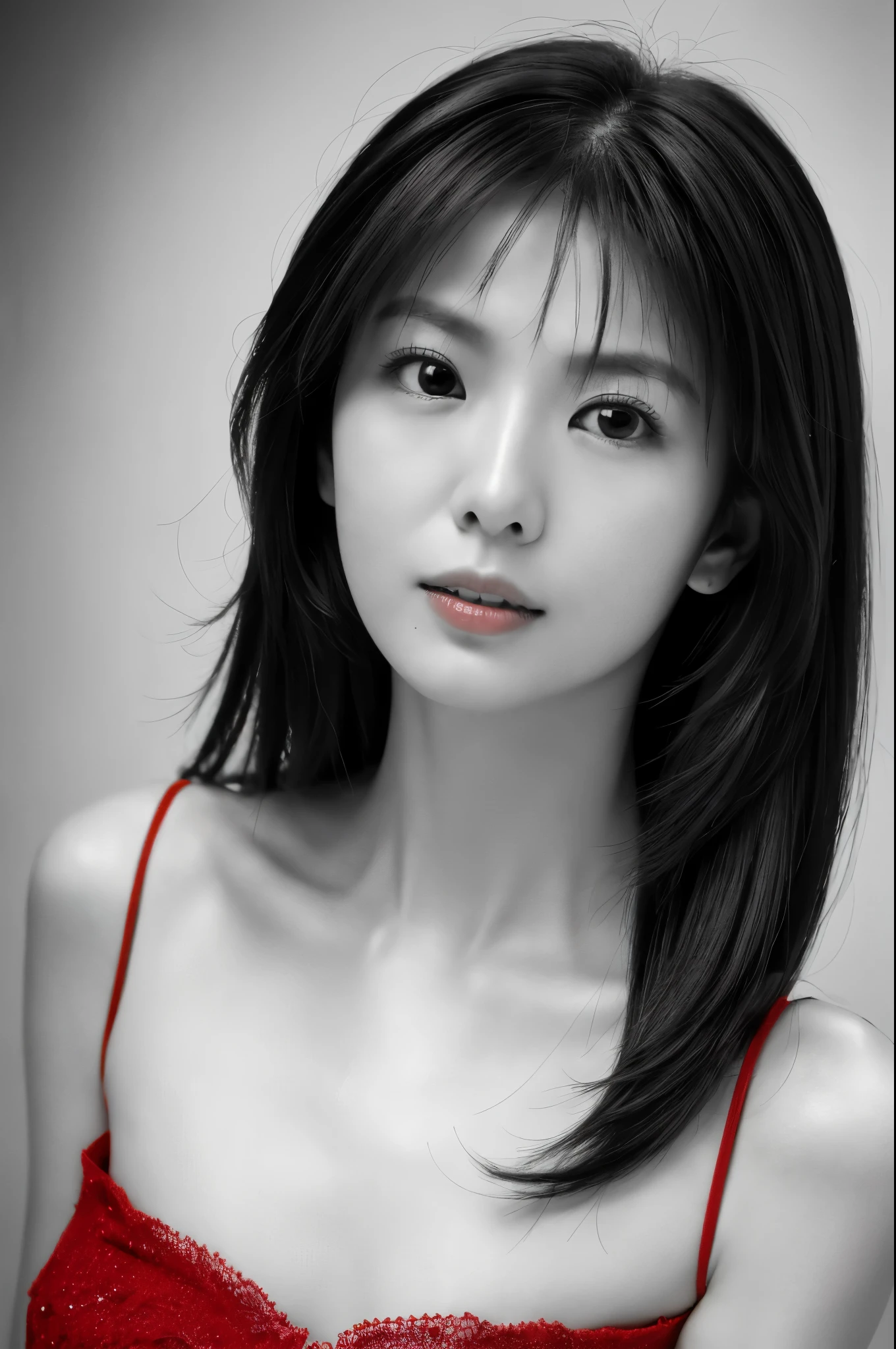 Masterpiece, Best Quality, Photorealsitic, Ultra-detailed, finely detail, high resolution, 8k wallpaper, Professional, high level of detail, ((monochrome photo)), 1girl in, Skinny Japanese woman, ((Facing the front)), ((Only lips are in Red)), Detailed clavicle, face perfect, straight hair, (look straight at a camera)