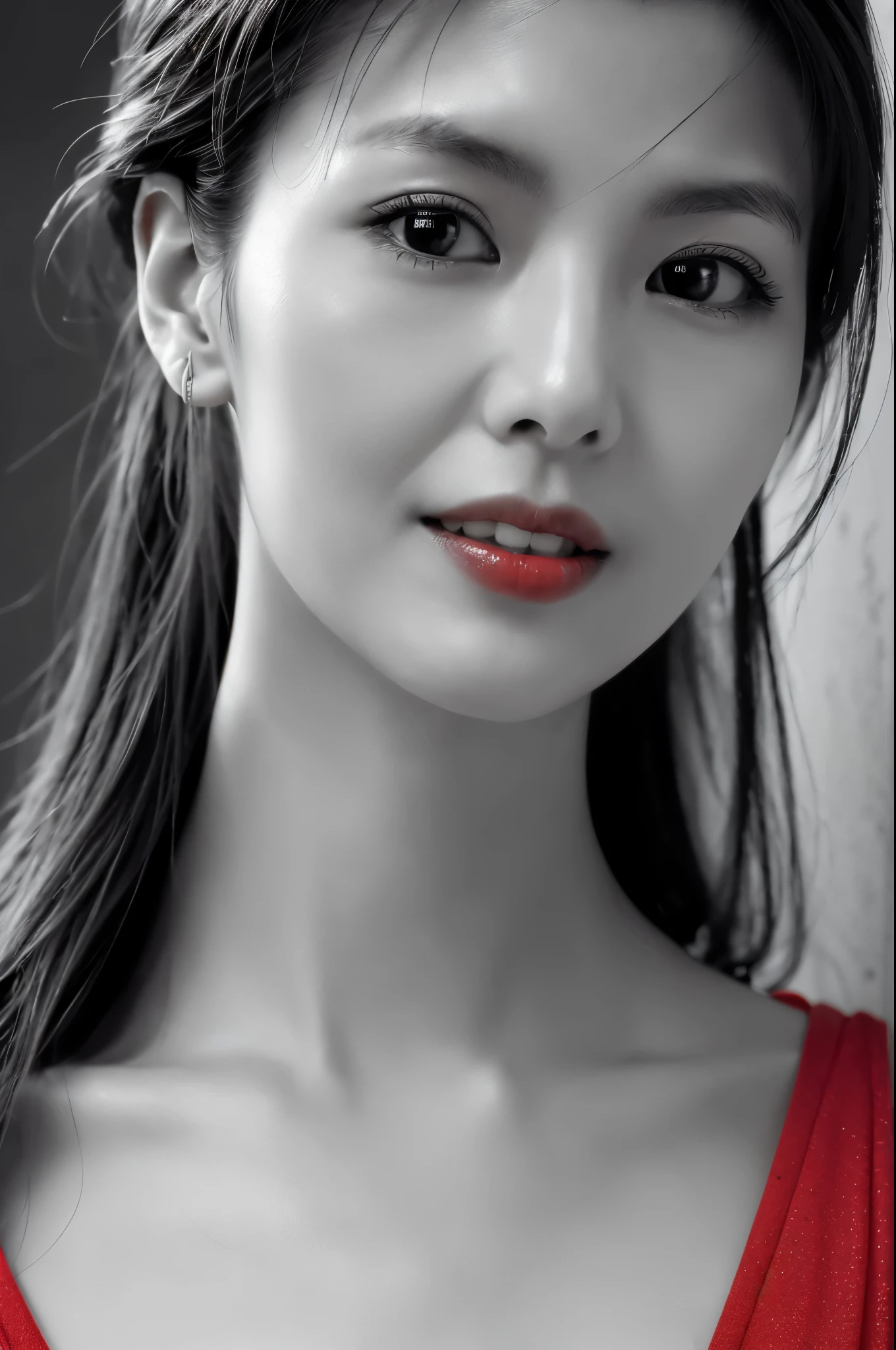 Masterpiece, Best Quality, Photorealsitic, Ultra-detailed, finely detail, high resolution, 8k wallpaper, Professional, high level of detail, ((monochrome photo)), 1girl in, Skinny Japanese woman, ((Facing the front)), ((Only lips are in Red)), Detailed clavicle, face perfect, straight hair, (look straight at a camera)