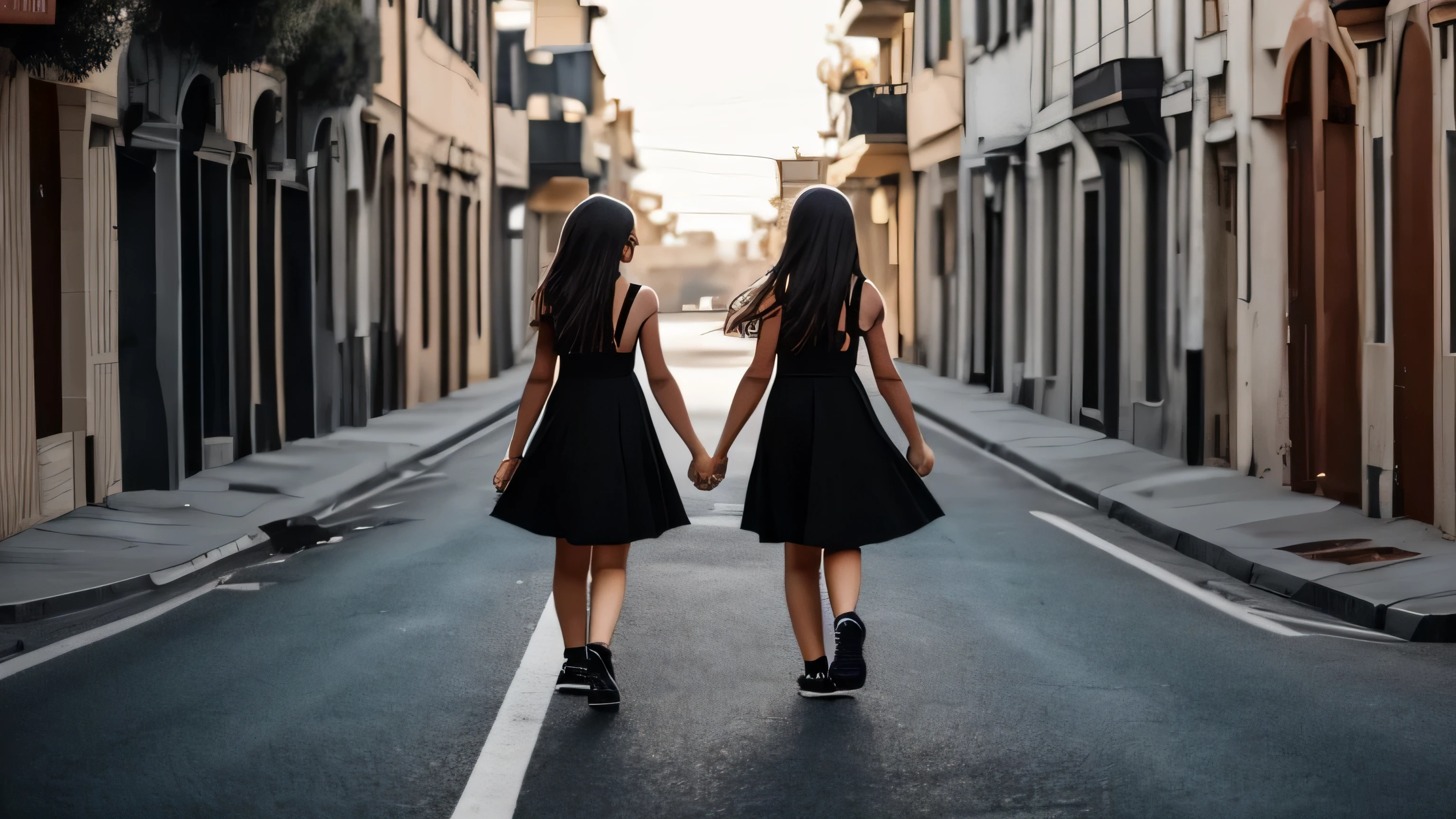two teenage girls wearing black holding hand and running on the middle of the street, empty street, back view of them,very wide angle image, cinematic warm and dark daylight lights and colors