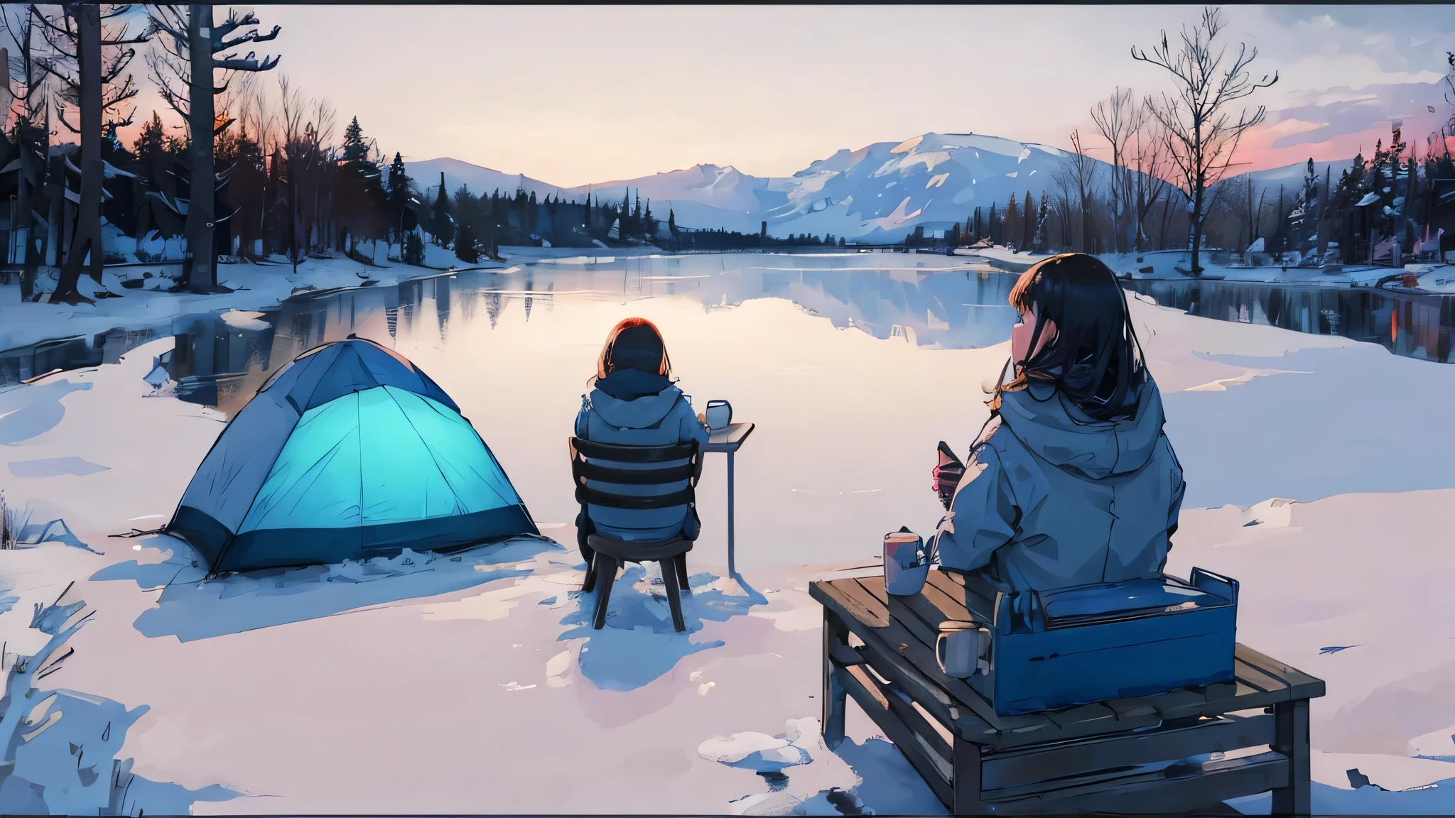 A girl sitting on a chair in front of a bonfire at a campsite, coffee cup in her right hand, View from the left, tent behind the girl, snow falling at night, snow is piling up around her.