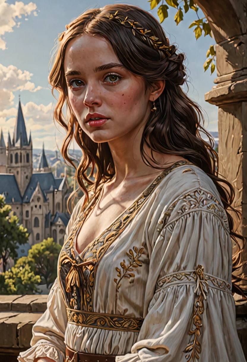 Ragged 10 year old girl, poor, very detailed, brown hair, messy fantasy city background, art by Aleksi Briclot and Alphonse Mucha and William M-Adolphe Bougeureau