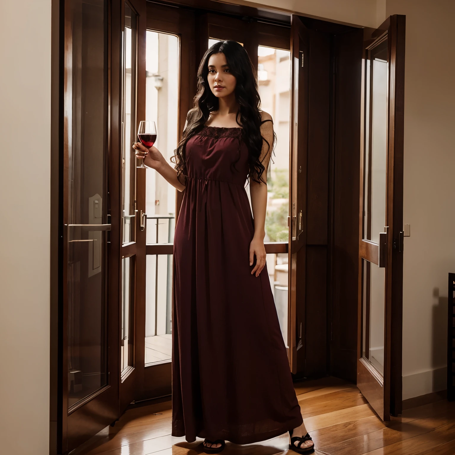 Lady standing in front of a big window with long curly black hair and wearing long back dress and holding a red wine in her hand