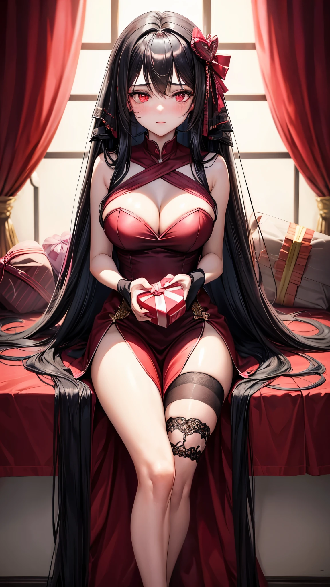 ((holding gift valentine chocolate)), frontal (solo black hair long straight hair femdom girl,  yo, bigboobs:1.5, detailed red eyes, blushing), in a nighat dress, show the valentine chocolates, love to, perfect anatomy, break, masterpiece:1.2, best quality, 8k, beautiful detailed grow, daydreaming expression.