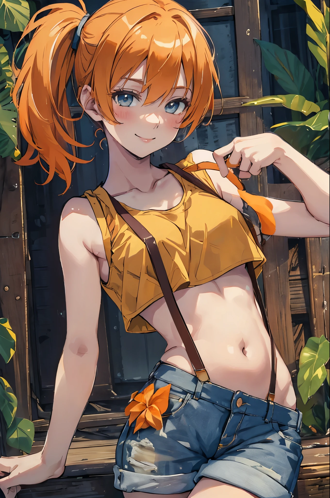 ((masterpiece,highest quality)), disorganized,
Foggy_Pokemon, yellow crop top, suspenders, (side ponytail), orange hair, denim hot pants, belly button,small breasts,
alone, smile, blush, looking at the viewer, cowboy shot, , girl,
cinematic composition, contrasting, 
tropical beach,