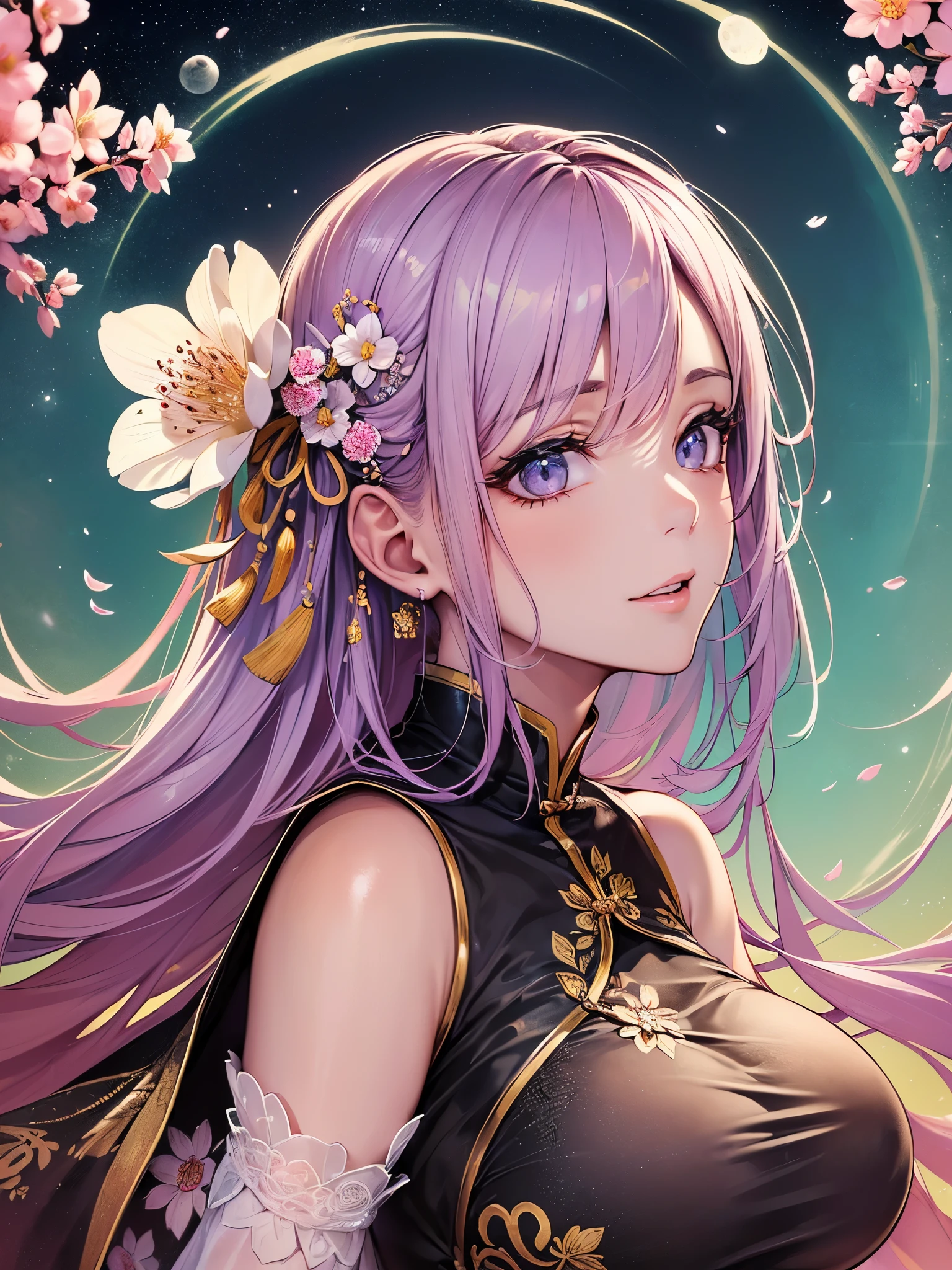 ((highest quality)),(ultra high resolution),(Super detailed),(detailed description),((best CG)),(best work of art),super precision art,great drawing art,(Art with precise details:1.5), (1 woman:1.8),(beautiful and well-shaped face:1.5),Eyes that hide sadness:1.5,light makeup:1.6,(A Chinese dress embroidered with intricately detailed flowers.:1.6,deep slit:1.5),(beautiful:1.6),(Precise and detailed cherry blossom hair ornament:1.4), (The sky reflected on the water surface:1.8),(look up at the moon:1.5)