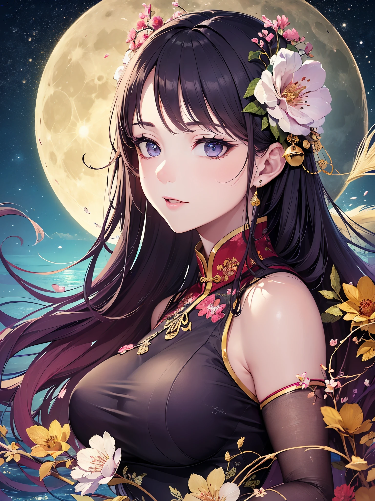 ((highest quality)),(ultra high resolution),(Super detailed),(detailed description),((best CG)),(best work of art),super precision art,great drawing art,(Art with precise details:1.5), (1 woman:1.8),(beautiful and well-shaped face:1.5),Eyes that hide sadness:1.5,light makeup:1.6,(A Chinese dress embroidered with intricately detailed flowers.:1.6,deep slit:1.5),(beautiful:1.6),(Precise and detailed cherry blossom hair ornament:1.4), (The sky reflected on the water surface:1.8),(look up at the moon:1.5)