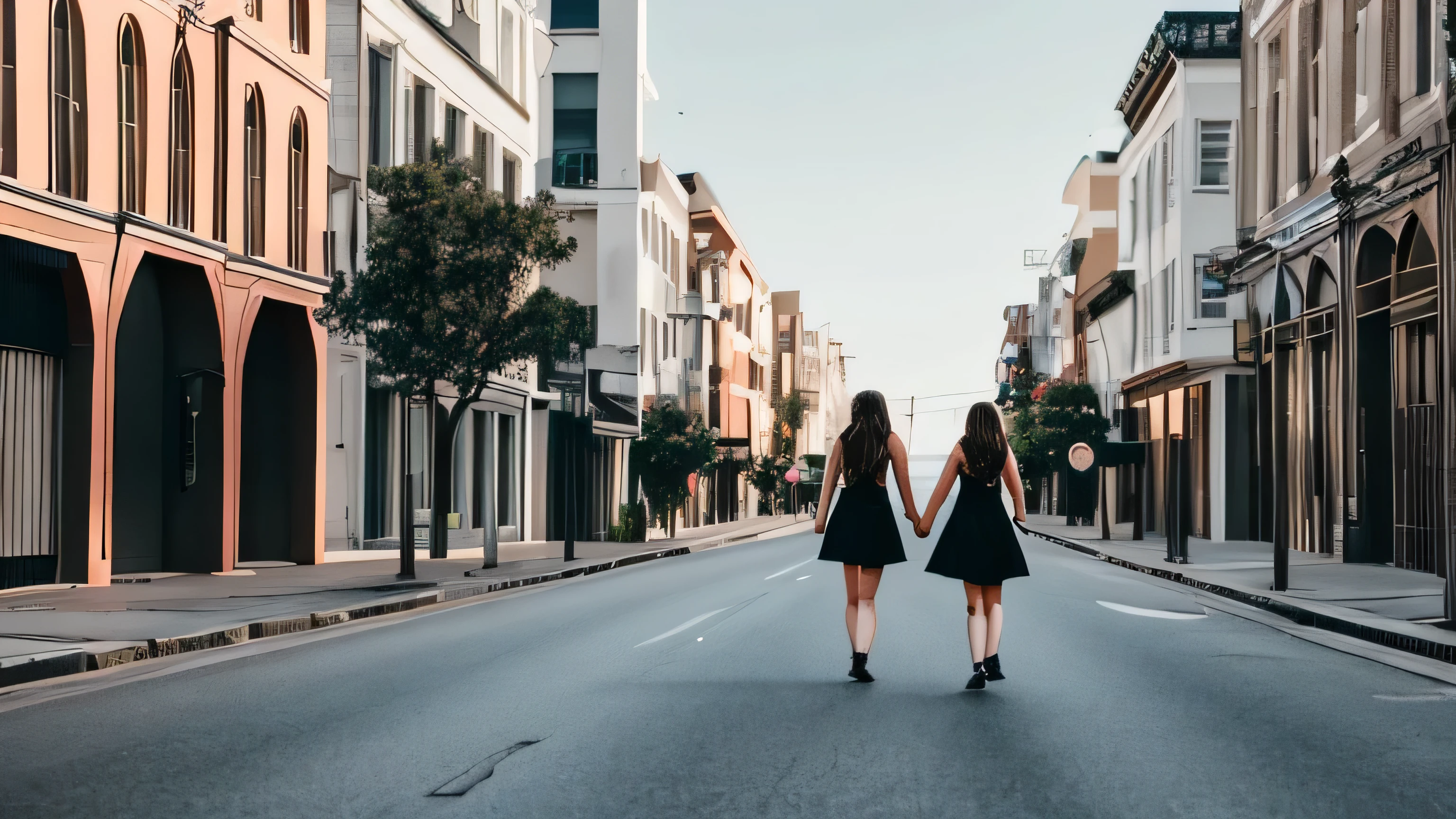 two teenage girls wearing black holding hand and running on the middle of the street, empty street, back view of them,very wide angle image, cinematic warm and dark daylight lights and colors