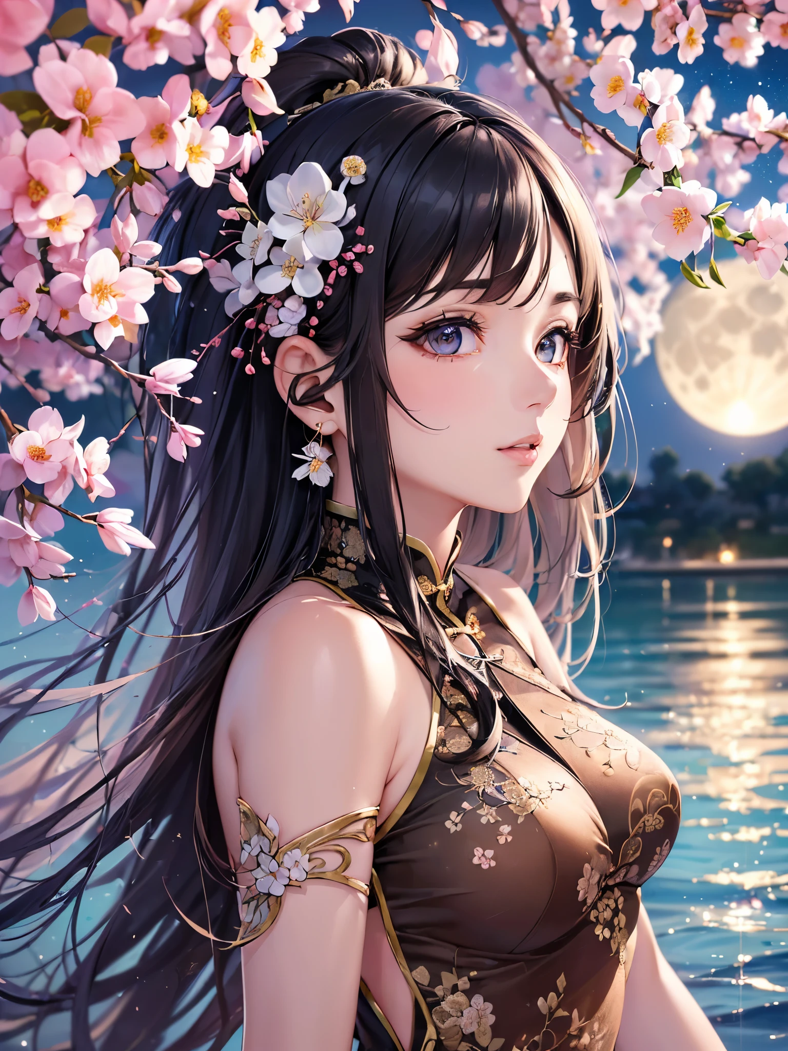 ((highest quality)),(ultra high resolution),(Super detailed),(detailed description),((best CG)),(best work of art),super precision art,great drawing art,(Art with precise details:1.5), (1 woman:1.8),(beautiful and well-shaped face:1.5),Eyes that hide sadness:1.5,light makeup:1.6,(A Chinese dress embroidered with intricately detailed flowers.:1.6,deep slit:1.5),(beautiful:1.6),(Precise and detailed cherry blossom hair ornament:1.4), (The sky reflected on the water surface:1.8),(look up at the moon:1.5)