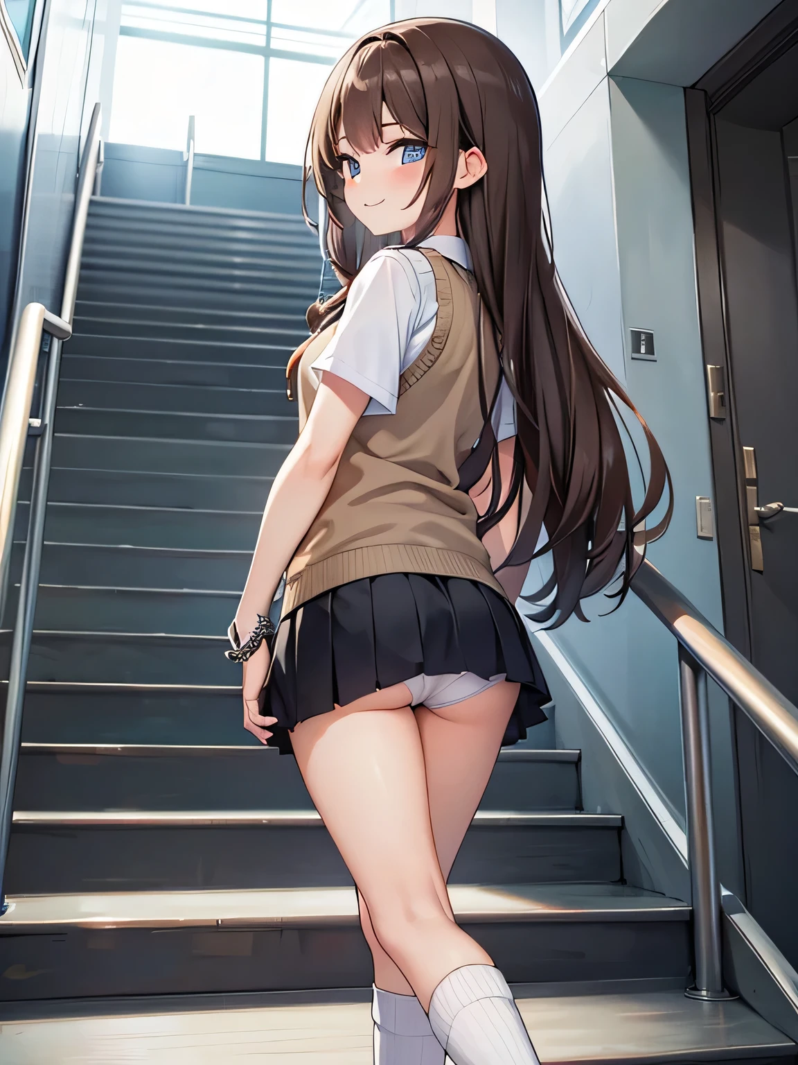 (1) Peeking at the panties from under the back of a girl climbing the stairs.
(2) her skirt is too short、You can almost see my white pants.
(3) knit vest and miniskirt、Wearing a uniform with loose socks.
(4) her hair is long brown.
(5) she looks back and smiles.
(6) The location is the stairs of the station.