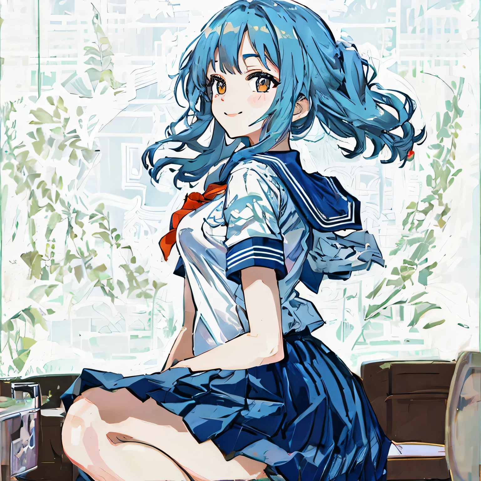 super detailed,masterpiece, highest quality,figure,sailor suit,slanted eyes,straight hair,blue hair,side part,super dense skin,beautiful and fine eyes,short sleeve shirt,brown eyes,(medium breasts:1.1), (A raised and well-defined bust:1.1), (lifted chest:1.2), (perky chest :1.1),high School girl,please sit down,high socks,loafers,smile,School,BREAK catch light eyes,night forest