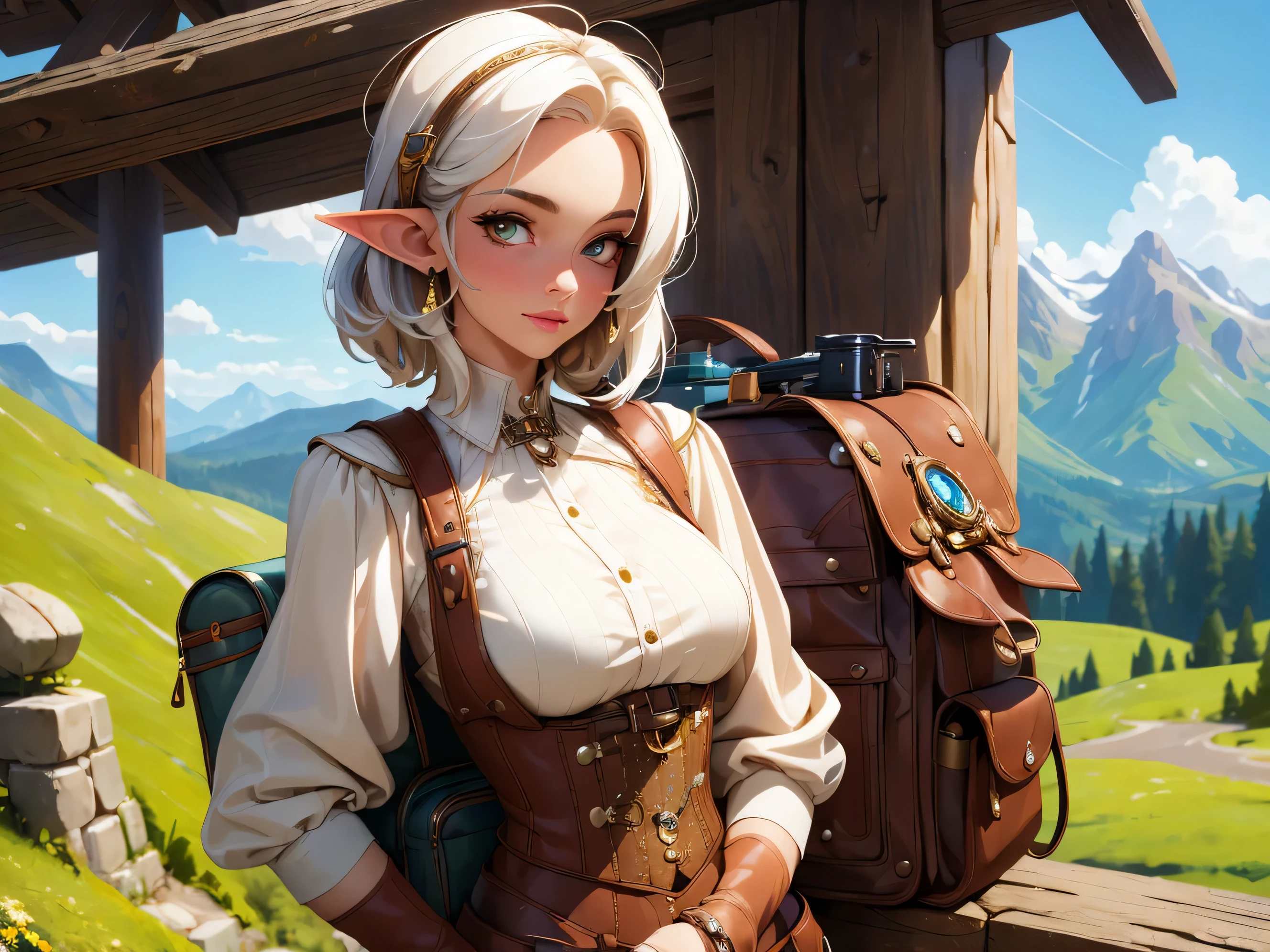 (masterpiece, best quality:1.4), ultra-detailed, soft light, natural lighting, cinematic light, film grain, (depth of field), (1woman, solo:1.5), mature woman, perfect female form, (perfect face, detailed face, glossy lips, eyeliner), a white haired elf traveler with small leather backpack on her back, white uniform, leather corset, underbust, framed breasts, vertical stripes, durch angle, steampunk style, mountains background, ready for adventure