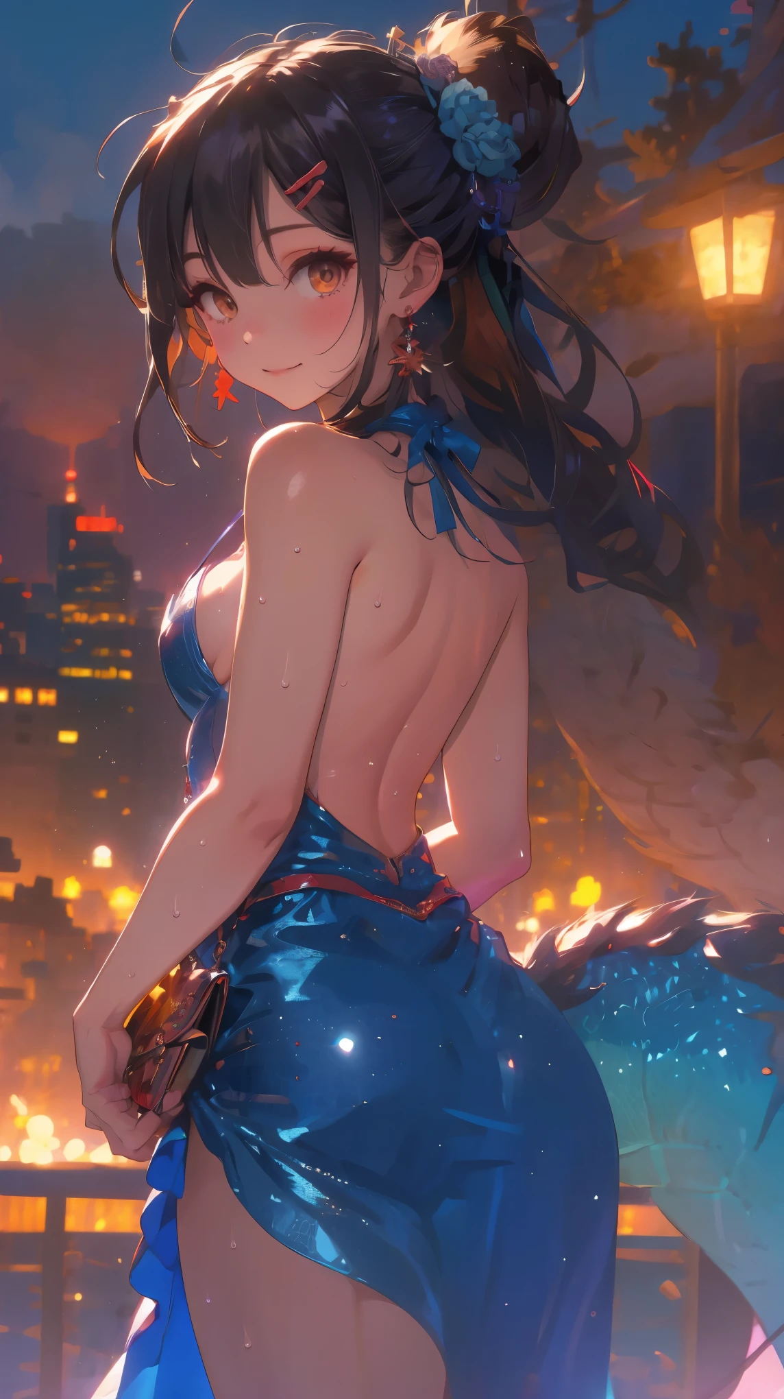 (from behind,back focus:1.3),Dragon and girl,1girl,(Miyu Edelfelt),,cameltoe,black hair,brown eyes,seductive smile,solo,nsfw,tail,colored skin,breasts, jewelry, dress, cleavage, necklace, bangs, hair ornament, bare shoulders, side ponytail, halterneck, plunging neckline, sidelocks, halter dress, backless outfit, silver dress, nail polish, backless dress, solo, closed mouth, blush, bag, revealing clothes, earrings, hairclip, handbag, sweat, looking at viewer, evening gown, leaning forward, thighs, blue nails, flat_chest, official alternate costume, covered nipples, hair between eyes,, best quality, amazing quality, very aesthetic, absurdres,