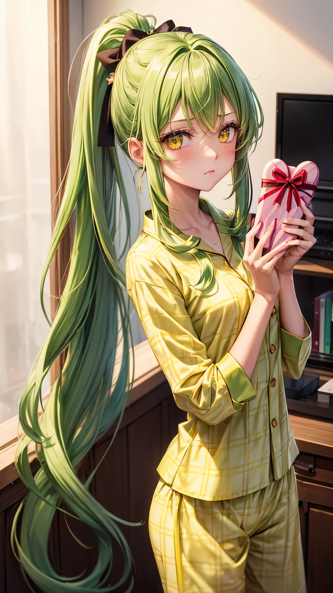 ((holding gift valentine chocolate)), frontal (solo ponytail green hair long hair cute girl, , cute yellow eyes, blushing), in a pajamas, show the valentine chocolates, love to, perfect anatomy, break, masterpiece:1.2, best quality, 8k, beautiful detailed grow, daydreaming expression.