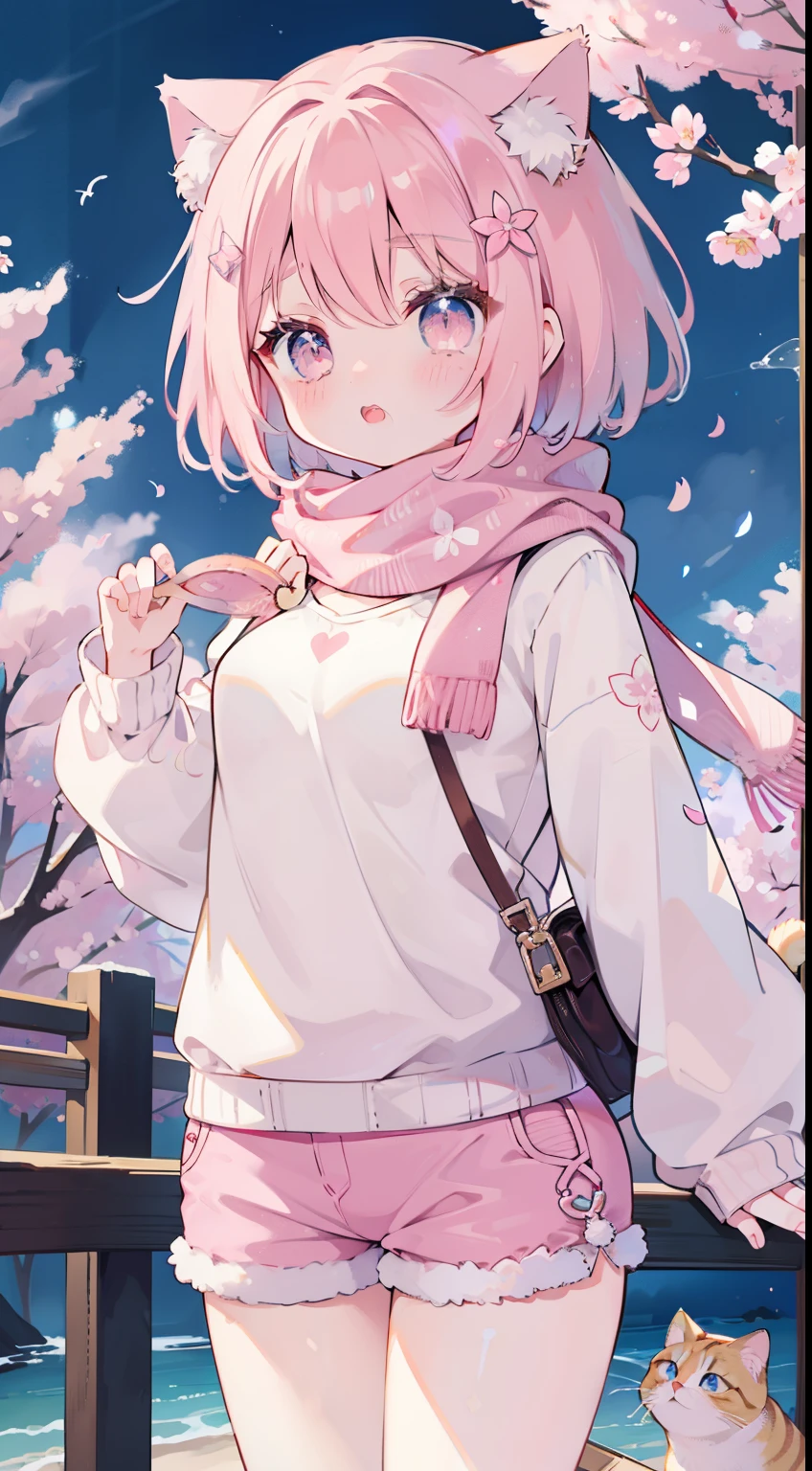 Very beautiful and shining eyes、shining eyes、stinky eyes、1 girl、small breasts、big mouth、small breasts、Cat ear、pink short hair、scarf、hot pants、Childish clothes、Cherry blossoms at night、masterpiece、highest quality、best image quality