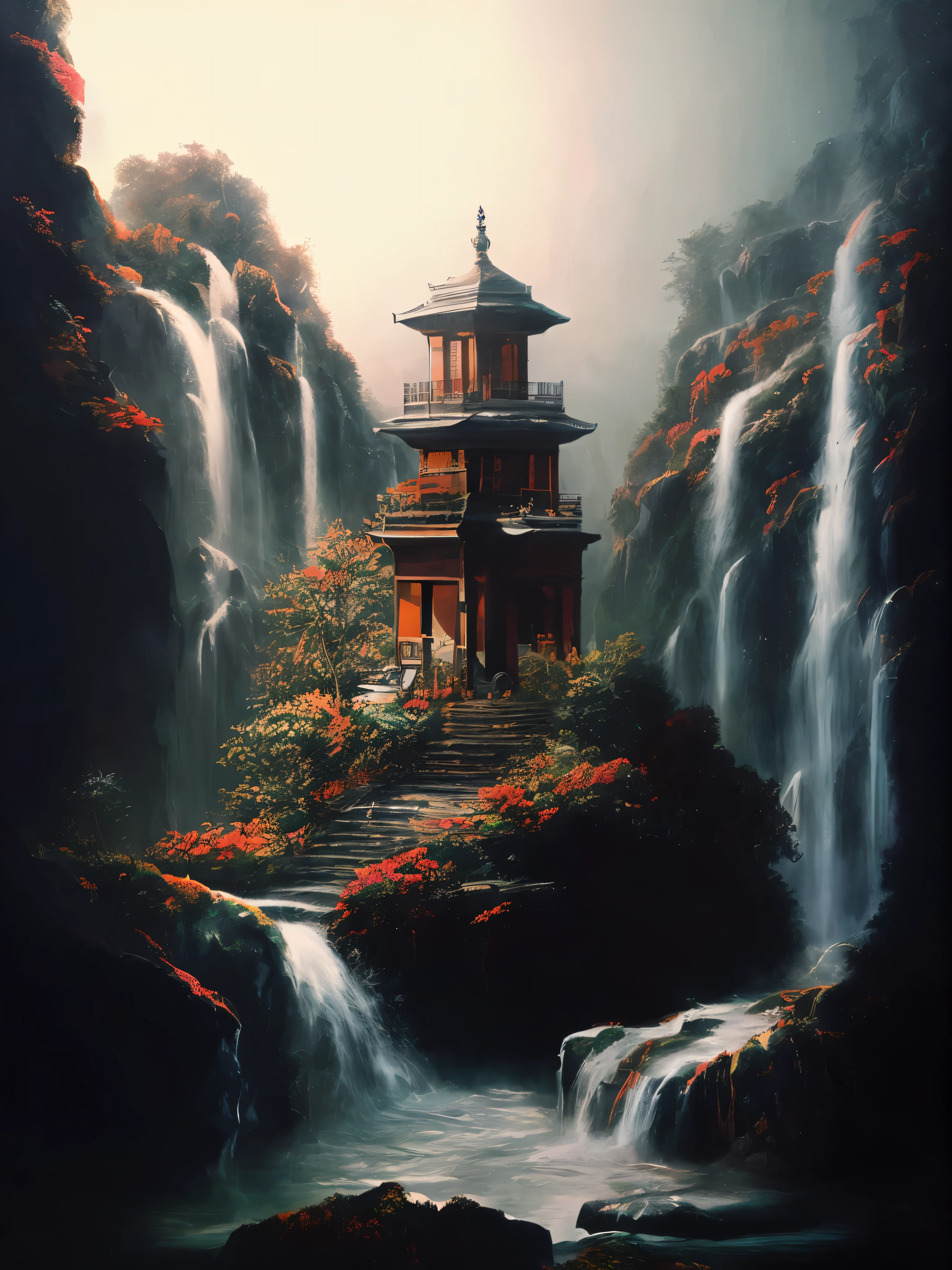 There is a waterfall and a pagoda in the middle of the mountain., digital painting of pagoda, Andreas Rocha, Highly detailed digital painting, from Zi Sheng, style of Andreas Roch, Mystic Temple, inspired Andreas Rocha, Jofra Bosshart, digital painting with high detail, beautiful matte oil painting., beautiful digital painting, very detailed digital painting