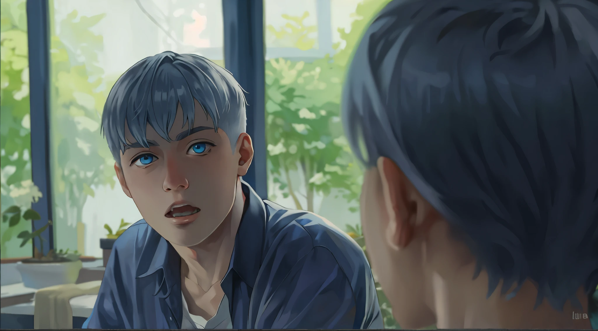 There is a 15-year-old man, silver hair, blue eyes, he is asking something, he is a little surprised.