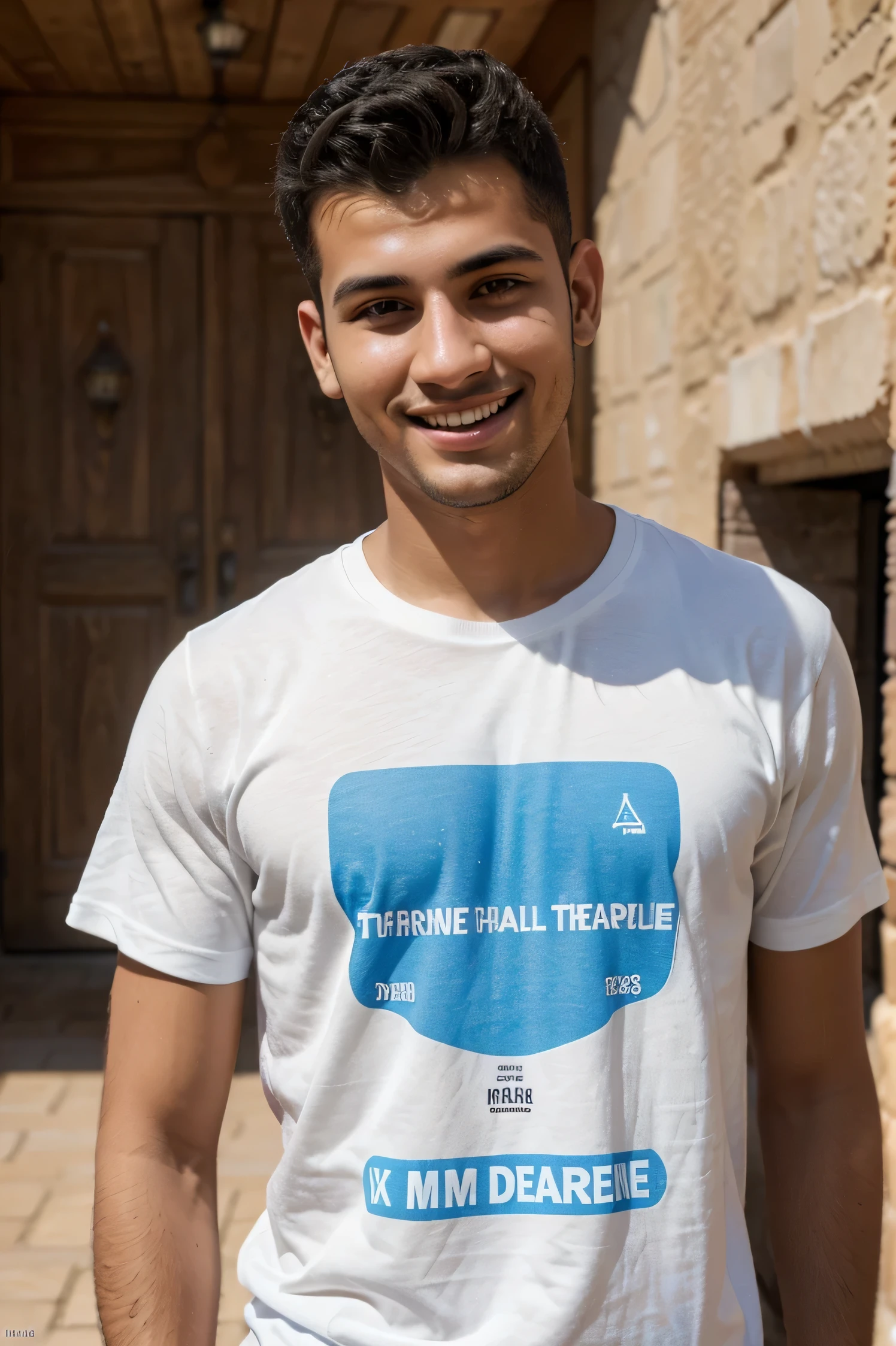 pixarstyle un portrait à hauteur de taille d&#39MOROCCAN YOUNG MAN dans un t-shirt blanc, sourire, Texture naturelle de la peau, textures 4k, HDR, complexe, très détaillé, Netteté, visuel cinématographique, 
