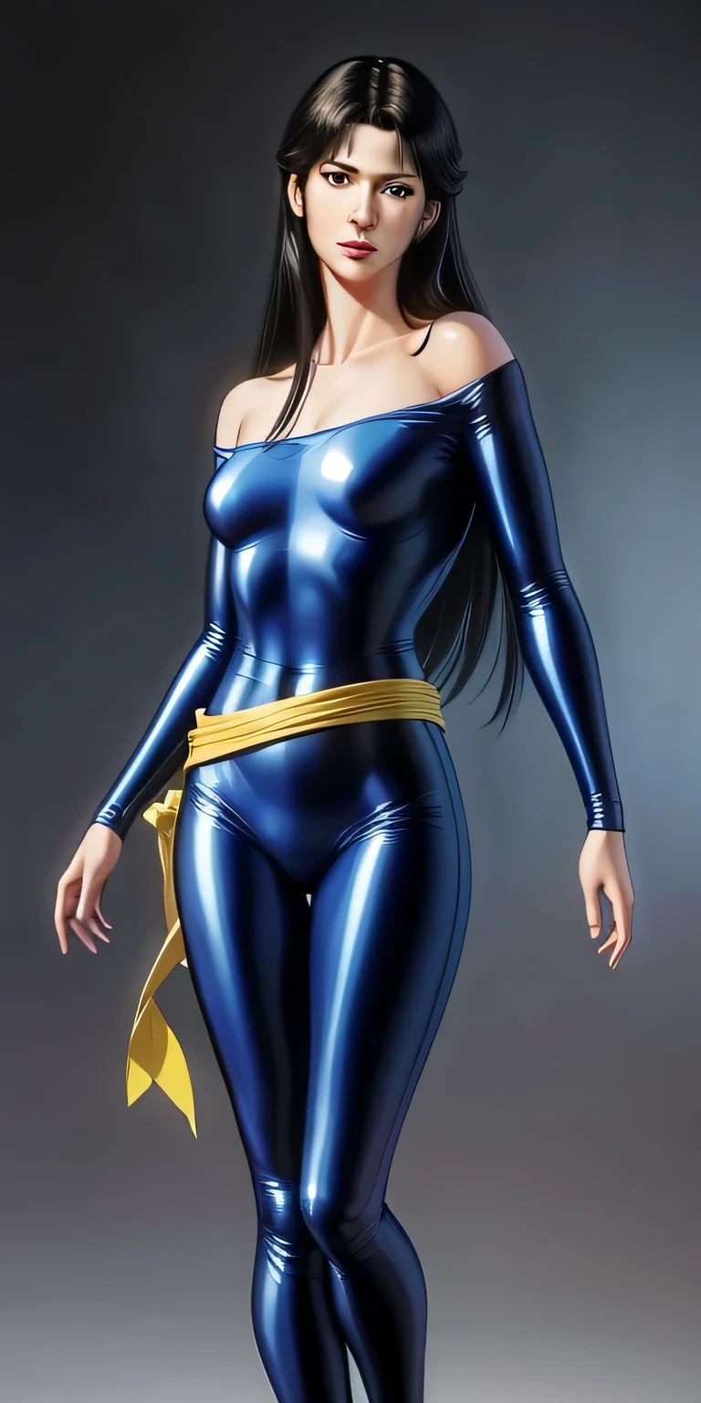 masterpiece, best quality, highly detailed, ultra high resolution, (photorealistic: 1.8), unreal_engine, photography, realistic_skin_texture, wallpaper, 1 boy, hayato kasukabe, japanese face, (ultra detailed face), 8k, trending on artstation, highly detailed , best quality, ultra detailed, realistic, Hitomi Kisugi, 1 girl, beautiful girl, long black hair, beautiful detailed eyes, beautiful detailed lips, eyelashes, beautiful eyes, beautiful brown eyes, detailed face, beautiful face, beautiful face, blue bodysuit, dressed in blue, off the shoulder, a thin yellow sash around the waist, bright colors, HDR, studio lighting, sharp focus, in action towards the spectator, posing towards the spectator.