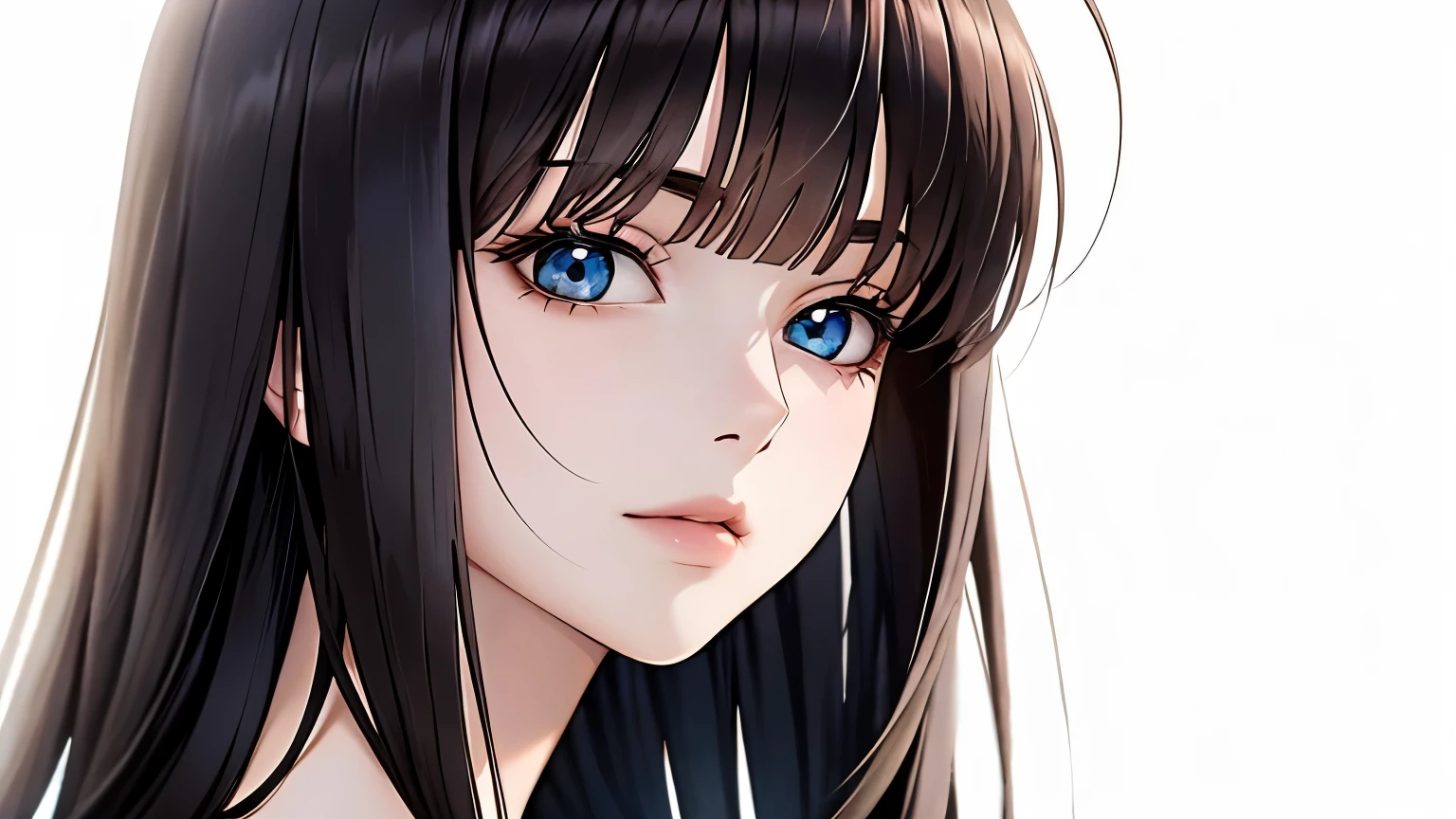 upper body shot, noc background, white background, front view, #semi-realistic, #anime style, #woman, #photorealistic, a girl with full bangs and very long straight black hair,her cheeks are slightly glowing as if she got a fever, straight look at viewer