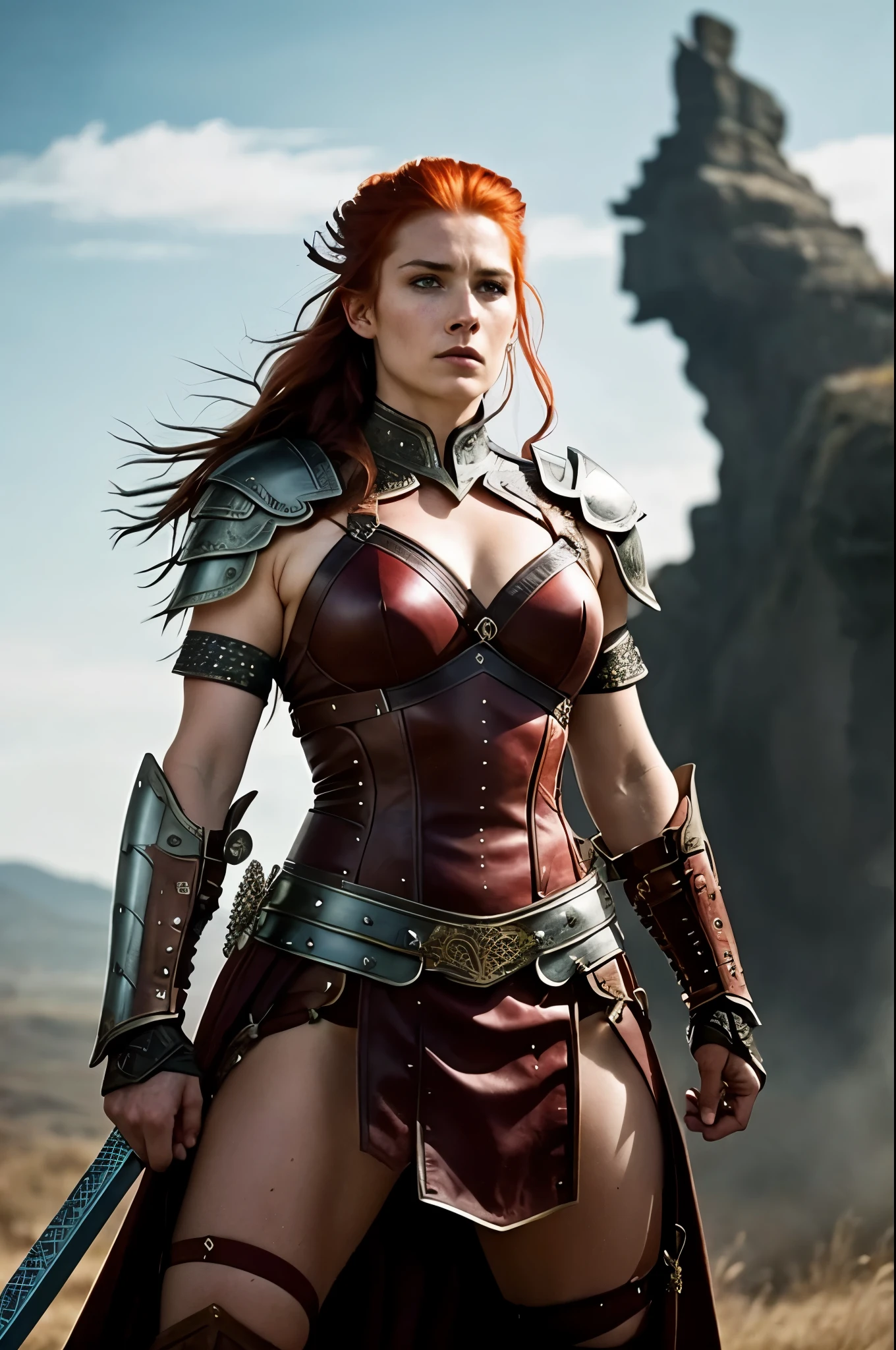Masterpiece, a fiery-haired Celtic warrior, ((Red Sonja:Boudicca:0.5)), stands resolutely, her fiery locks billowing in the wind as she prepares for battle. Her proud face is marked by bold features, high-definition cheekbones, and a strong jawline. Her piercing blue eyes radiate determination and courage. She wears armor crafted from intricately braided leather and metal, accentuating her strength, agility, and warrior spirit. With an iron grip on her sword, she stands ready to bravely face any foe that stands in her path. This stunning image was captured using a top-tier camera, such as