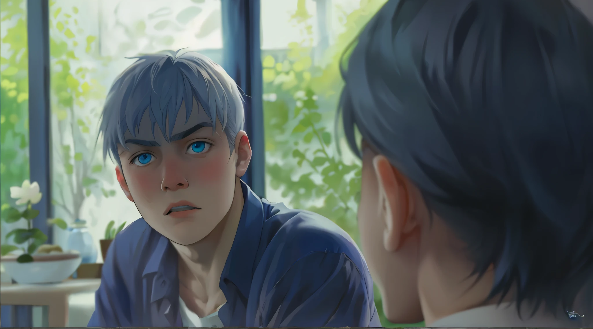 There is a 15-year-old man, silver hair, blue eyes, he is asking something, he is a little surprised.