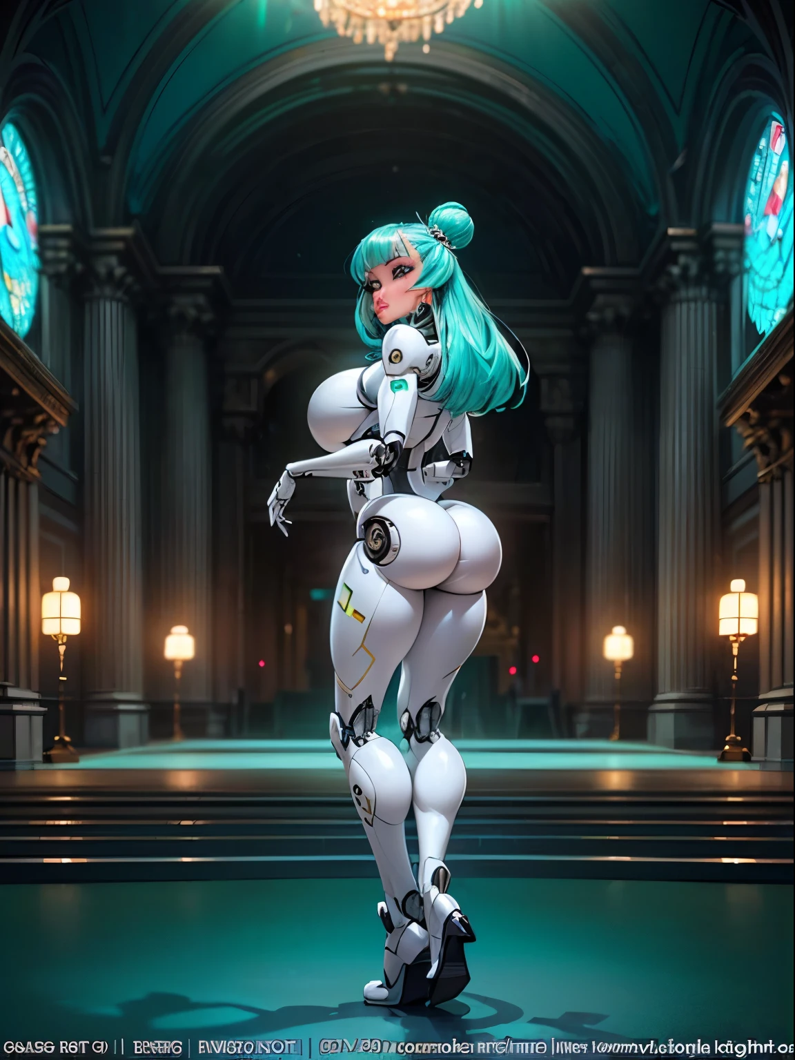 ((front view:1.3)), turning head looking to viewer, ((light aqua hair:1.4)), There is a woman in a robot suit ((posing next to an futuristic Roman building)), ((long side burns)), ((long hair bangs)), Beautiful white girl half cyborg, ((gray ass:1.3)), Cute cyborg girl, Beautiful girl cyborg, (aletta ocean face), (puffy lips), Perfect Robot Girl, Cyborg girl, (ass air bags), intricate details on ass, Young cyborg lady, Beautiful Female Robot, ((robotic abs:1.4)), intricate holes on ass, Beautiful robot woman, cyborg girl, perfect cyborg female, ((porcelain cyborg)), Female robot, Beautiful cyborg images, (cinematic lighting), ((Back view:1.4)),looking straight to viewer, ((light Aqua hair:1.4)), sexy aesthetic, There is a woman in a robot suit ((posing inside futuristic Roman building)), ((rose from titanic)), ((off white aesthetic:1.5)), ((Beautiful white girl half cyborg)), (gigantic breasts:1.7), Cute cyborg woman, (ass air bags),, ((official art)),(((Masterpiece))),(Best Quality), (Super Detail),((Very Delicate and Beautiful)),cinematic lighting,1 girl,((full body portrait)),((standing confident)),((solo)), an hourglass waist,padded and corseted bodice,(((bokeh light))),long train,((gorgeous embroidery and jeweled)),voluminous frills,See-through,(gorgeous embroidery and beautiful lace),(((extremely gigantic tits,skindentation))),cleavage,((short hair,extremely voluminous Hair buns,((aqua Hair)),(finely detailed face and eyes),clear pupil,extremely gorgeous, full hair ornament,((opera gloves)),(beautiful background),((full body))