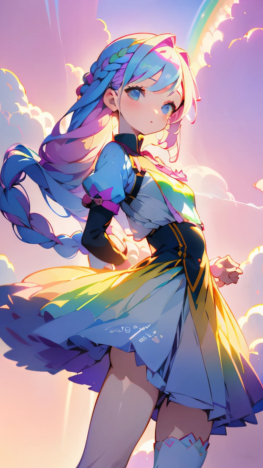one girl、１２talent、Magical girl、anatomy、french braid、anime style、small breasts、cute face、cute clothes、combat uniform、、(((The background is pastel colored clouds:1.5、rainbow、blurred background)))、highest quality、High resolution、High resolution、cinematic lighting、professional photographer