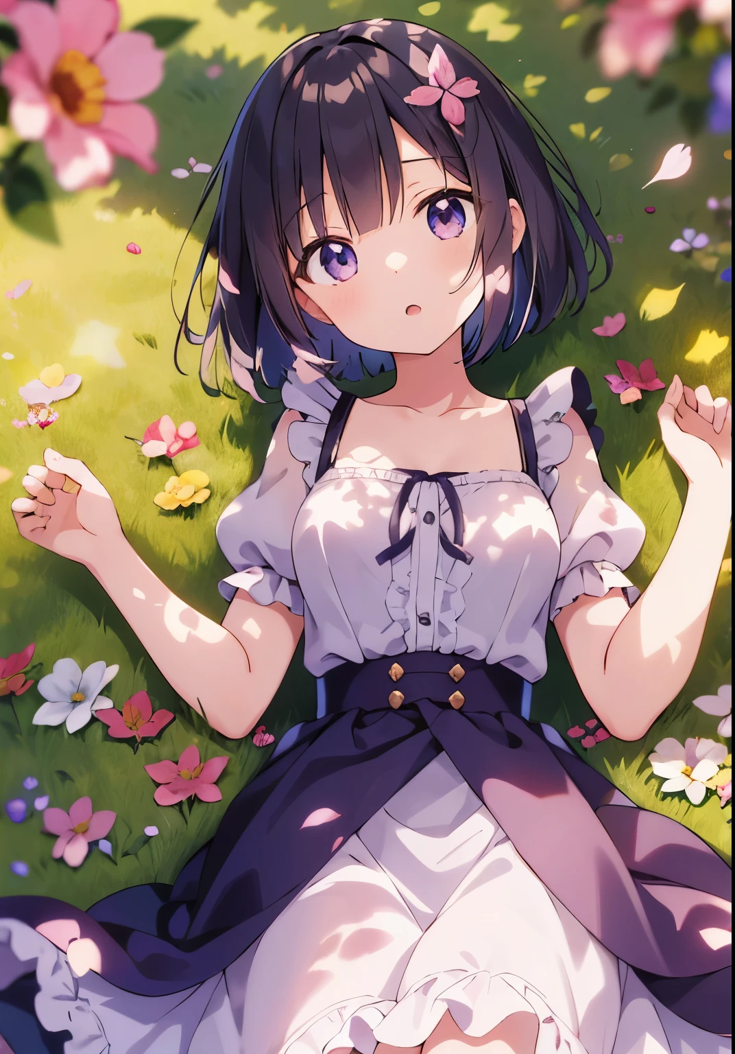 ((solo:1.2)), anime girl,(Age 18 years old),lying down in the flower garden,frilled dirndl,from above,Yawning,cobblestone ruins,long bob cut,(hair half-over one eye),(dappled sunlight:1.2),blurry,(depth of field:1.1),head tilt,:o,(petals),crystal butterfly
