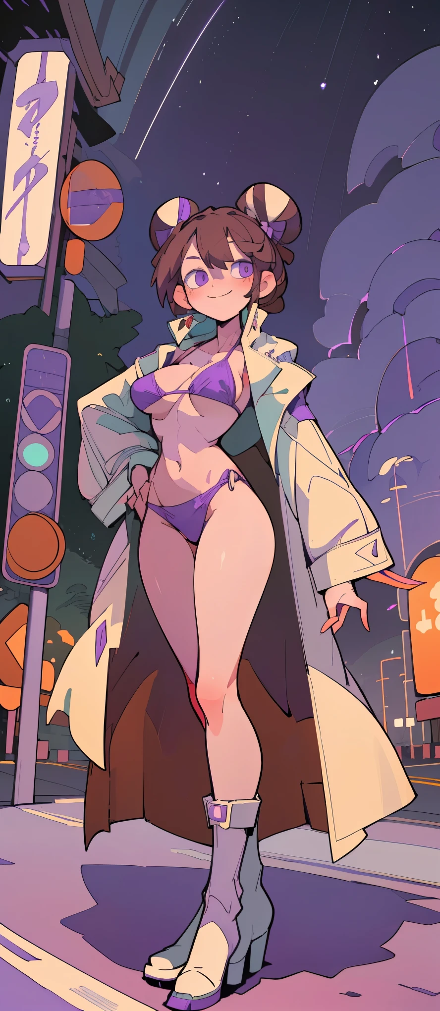 Masterpiece, 4k, details, extreme details, high resolution, 1 woman, Light brown hair tied into two buns.. , purple eyes , sly face , smile , Purple bikini , white cloth coat , abdomen, big breasts , Long legs , stand on your hips... , white boots , On the side of the road , nighttime