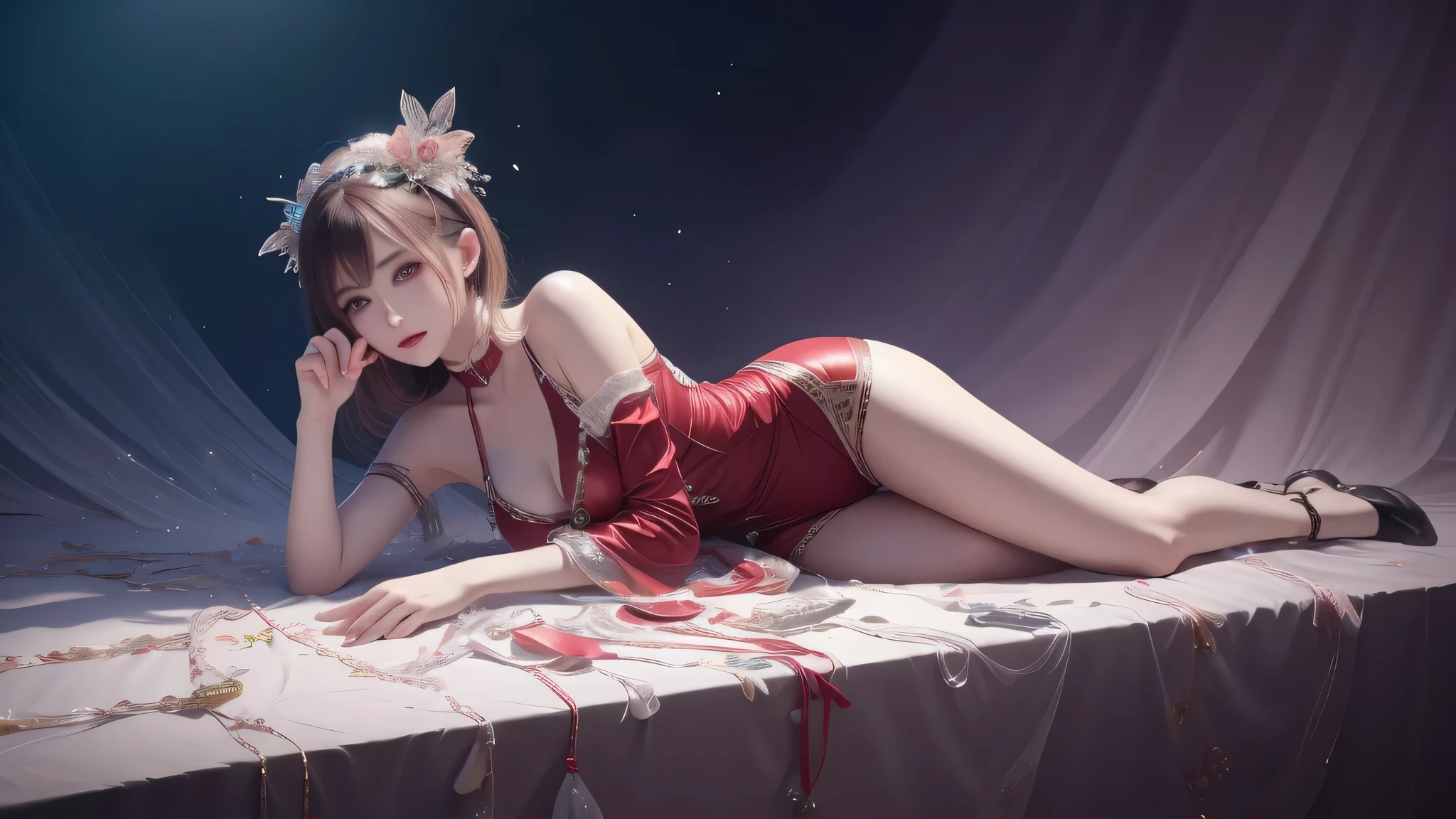 8K UHD, masterpiece, beautiful girl, fine eyes, good face, fine eyesbrow, beautiful costume, Red color costume, cyber punk, cyberspace, shining, Diaco Lighting, full body capture,Lower the shoulder straps with both hands,accurate anatomy,short and thin hair,playful expression,Lie:1.3),sexy pose、perfect body、5two fingers、2one leg、2one arm、(one woman)