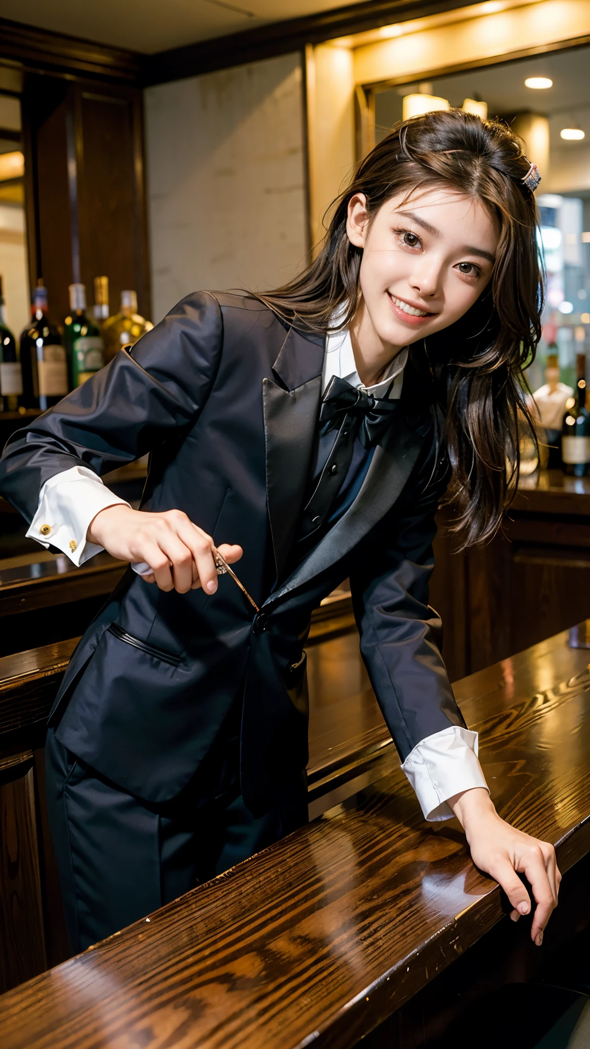 highest quality, masterpiece, ultra high resolution, (realistic:1.3), (Over the bar counterの肖像画) RAW photo, 1 girl, 22 years old,slim body,((tuxedo with bow tie)),((Over the bar counter)),((Bar Lounge)),((Bartender costumes)),(long hair),masterpiece, realistic pictures,((Medium chest)),((toothy smile)),brown hair