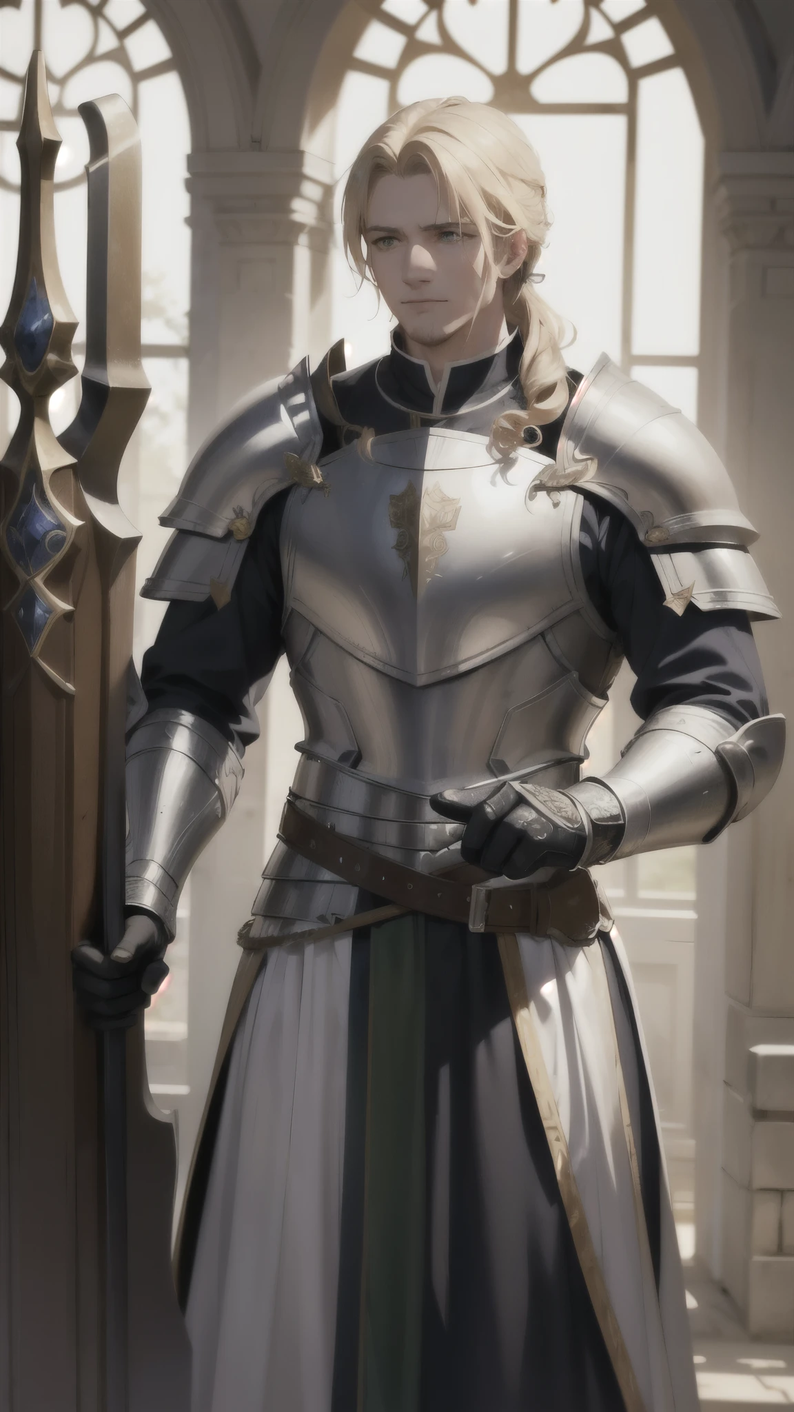 (highres),blonde middle-short combed-back hair, curly, piercing green eyes, a beaming smile, a knight in shining white armor, in a medieval era, confidently holding a spear. The 38-year-old man stands tall and proud, his armor reflecting the warm sunlight. The intricate details of his armor, meticulously crafted, showcase the skill and dedication that have gone into its creation. The knight's confident stance and determined expression embody his unwavering commitment to his noble cause. The medieval era setting is brought to life with a backdrop of a sprawling castle, towering stone walls, and lush green fields. The sunlight filters through the castle windows, casting a warm glow on the scene. The atmosphere is serene yet filled with anticipation, as the knight prepares for an impending battle. The colors are vibrant and vivid, enhancing the realism of the image. The lighting is carefully orchestrated, emphasizing the knight's features and highlighting the intricate textures of his armor. As the viewer, you can almost feel the weight of the spear in the knight's firm grip, hear the distant echoes of horses' hooves, and sense the noble purpose that drives him forward. This masterpiece evokes a sense of heroism, honor, and timeless adventure.