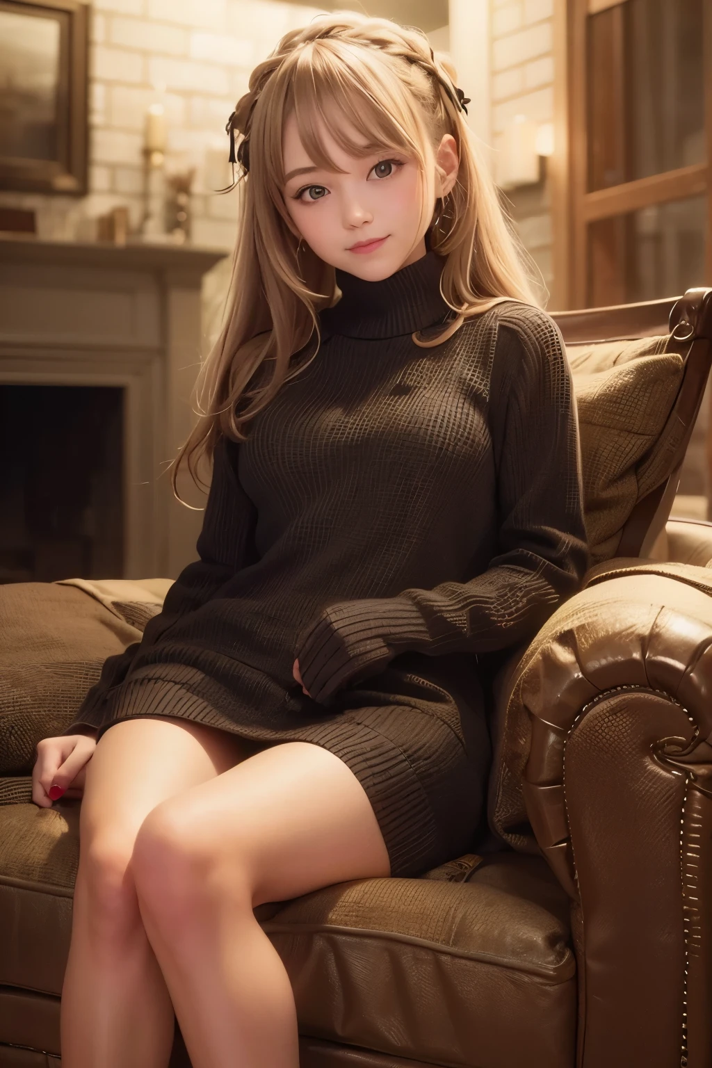 A close up of a woman sitting on a couch wearing a black dress - SeaArt AI